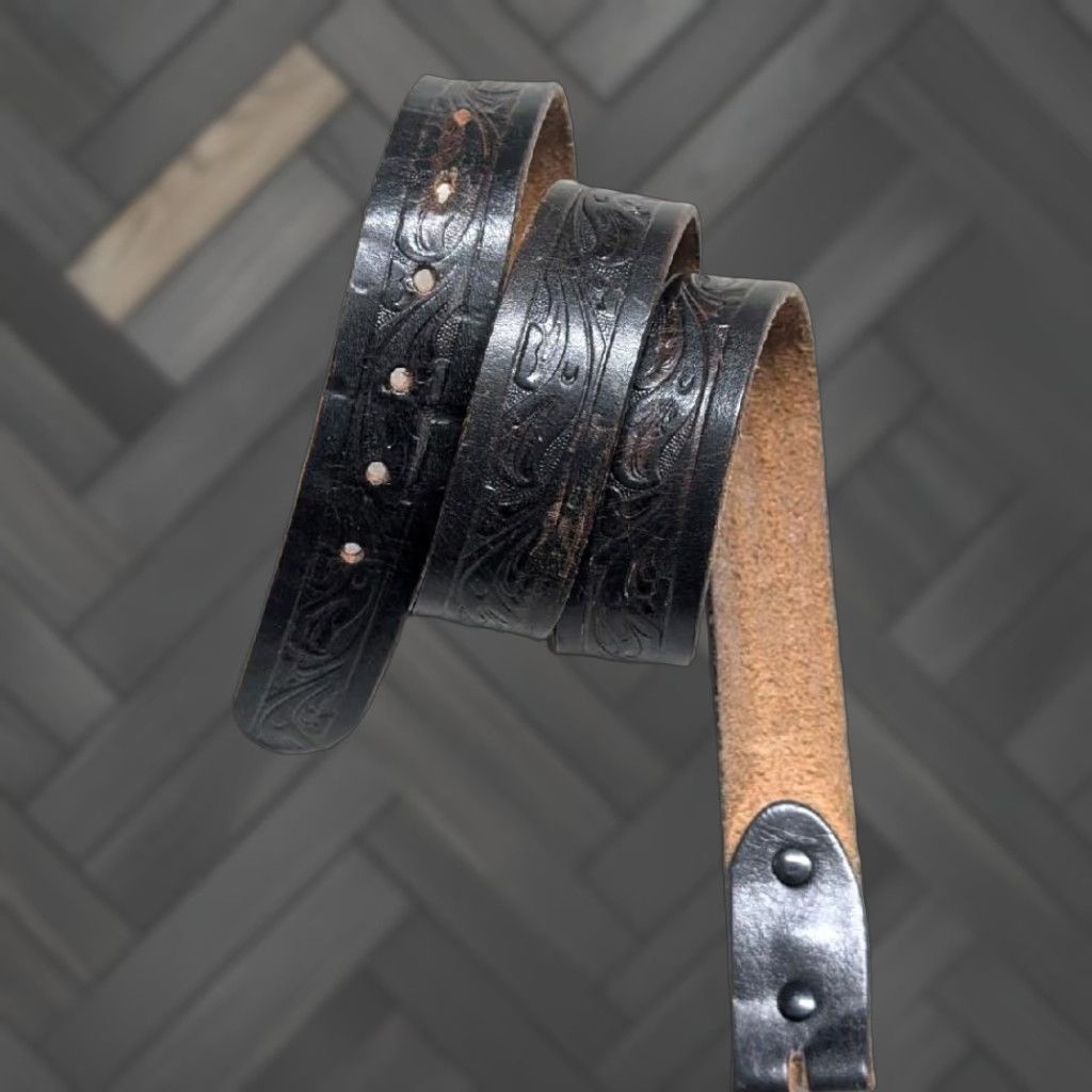 Vintage VINTAGE western belt belt 42 black tooled buckle leather cowhide full grain leather men Size 42 - 1 Thumbnail