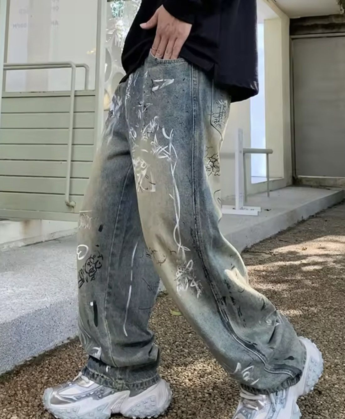 Jean Graffiti-Print Wide-Leg Denim Pants | Oversized Streetwear Size US 27 - 5 Thumbnail
