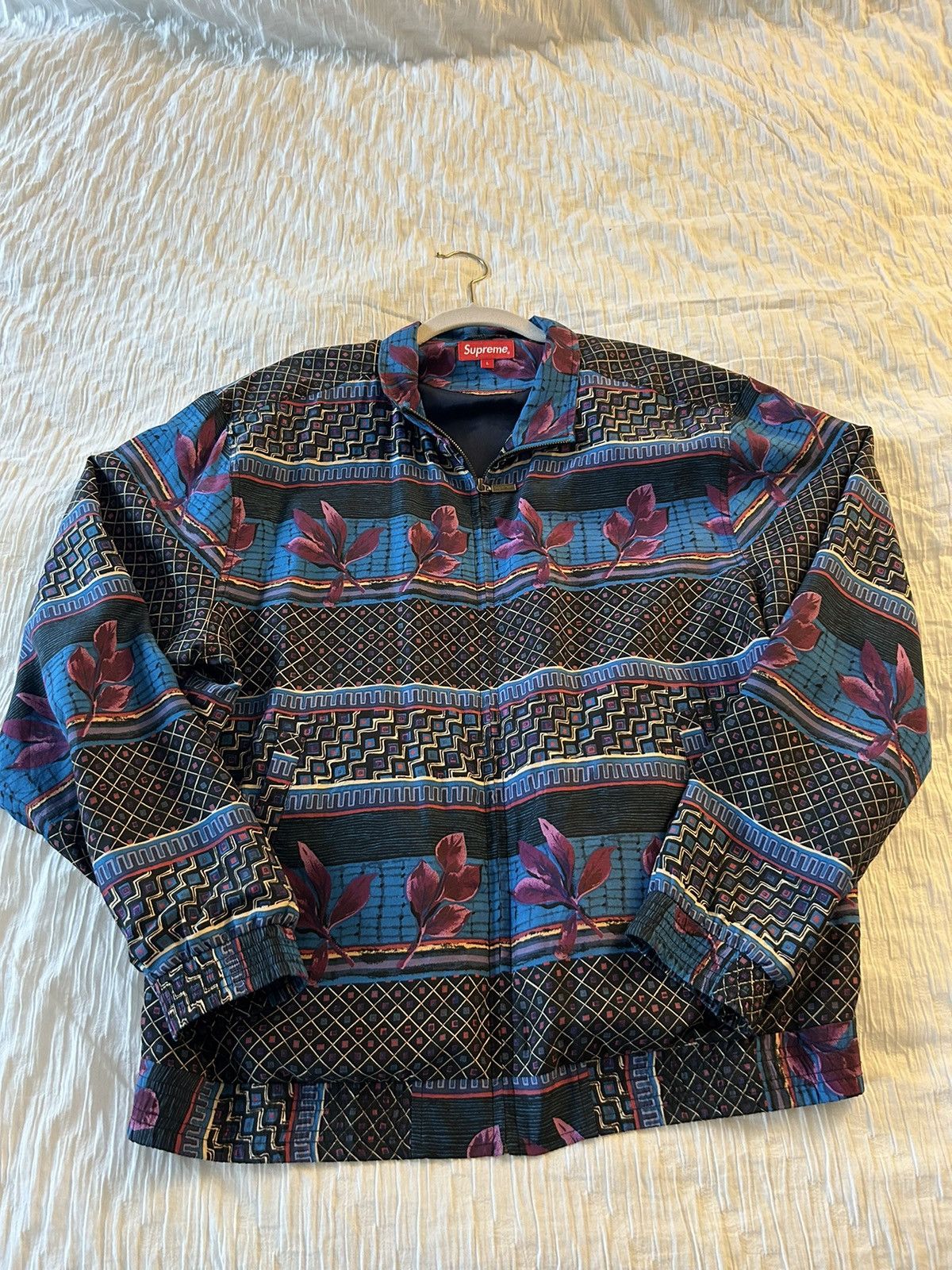 image of Supreme Silk Pattern Bomber Jacket in Blue, Men's (Size Large)