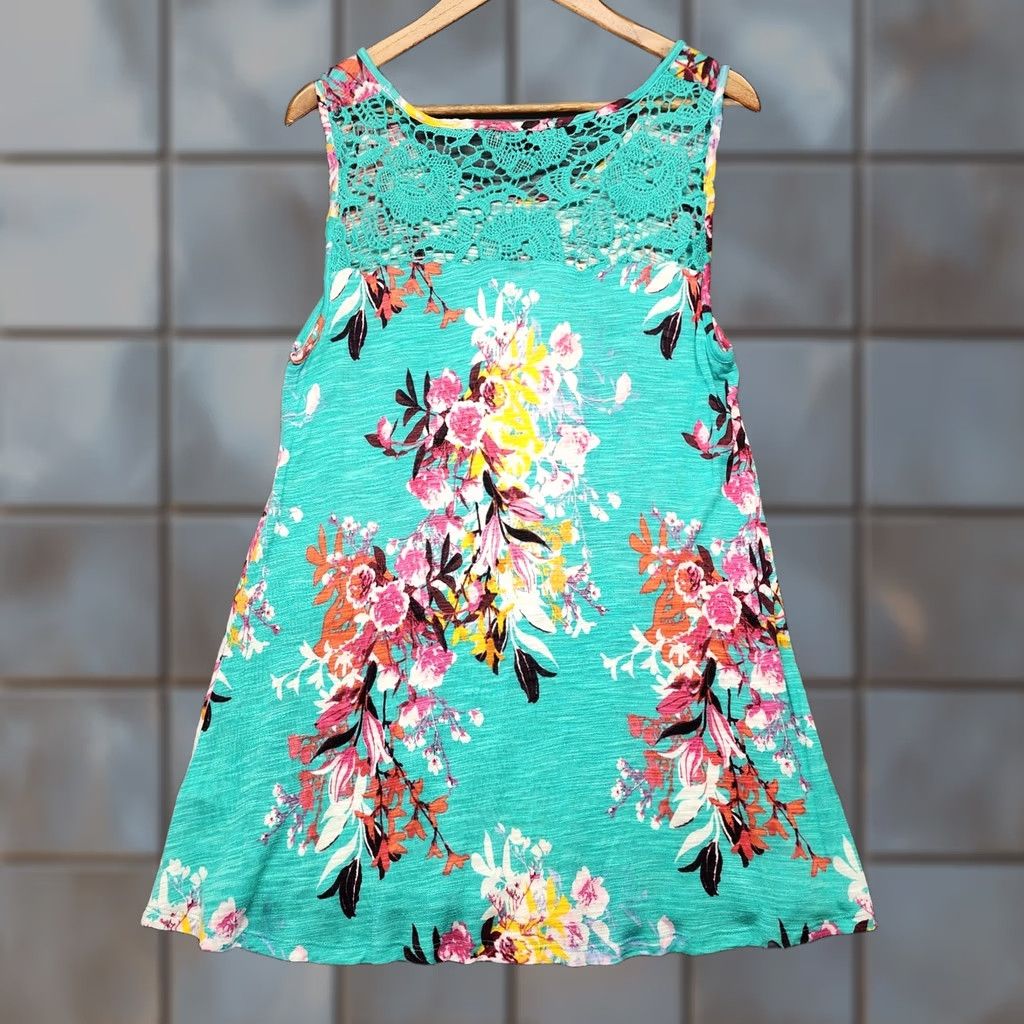 Vintage Cable & Gauge Tank Top Women XL Turquoise Floral Tropical Viscose Beach Coastal Size XL / US 12-14 / IT 48-50 - 1 Thumbnail