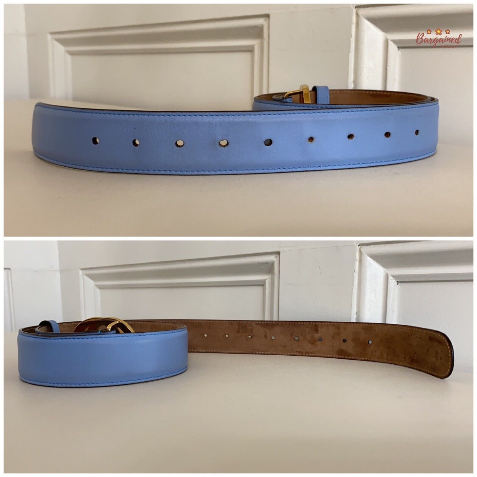 Gucci Gucci Blue Calfskin Leather Gold Interlocking G Buckle Belt Size 30 - 9 Thumbnail