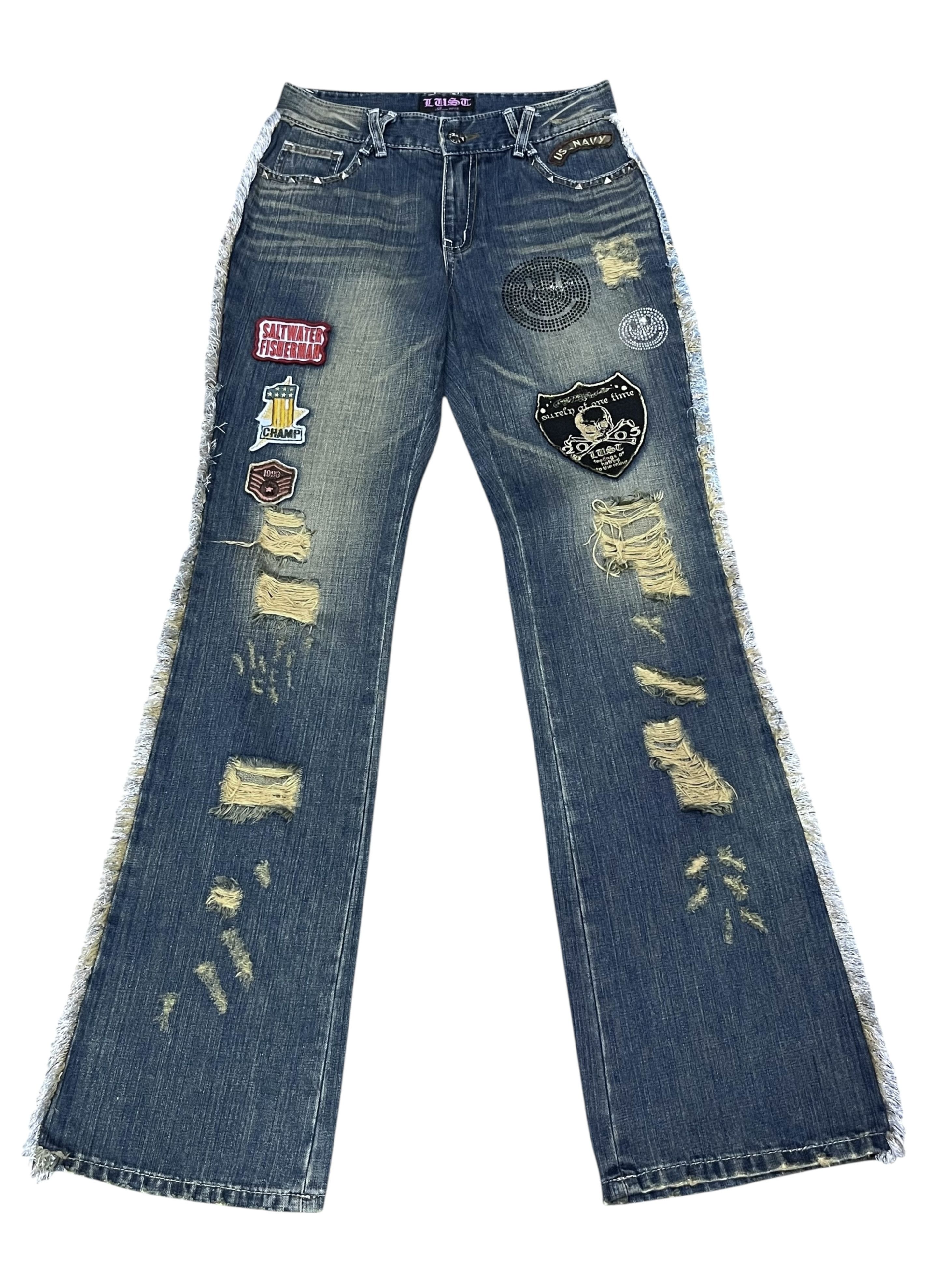 Japanese Brand LUSC Distressed Flare Jeans Patchwork, Ripped, Raw Hem Rare Size 28" / US 6 / IT 42 - 3 Thumbnail