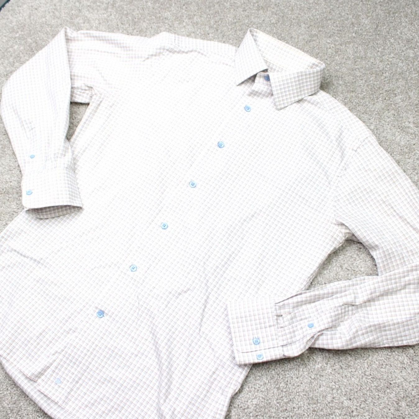 David Donahue David Donahue Shirt Mens 15.5 34/35 Beige/Blue Checkered Trim Fit Long Sleeve Dress Shirt Regular 100% Cotton Button Cuff Mens Size US L / EU 52-54 / 3 - 3 Thumbnail