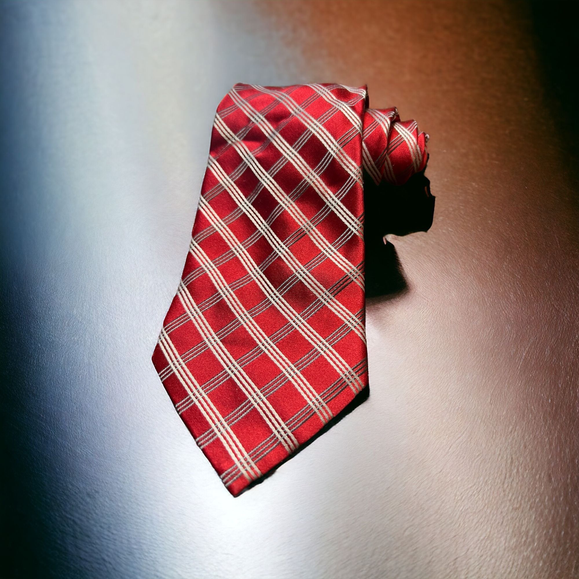 Bugatti 100% Silk Necktie Striped Red Gray Silver Power Tie