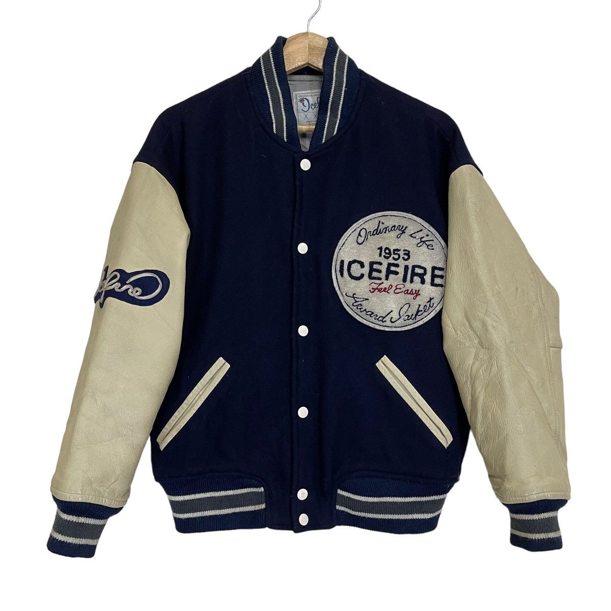 Vintage Ice Fire Ordinary Life Wool / Sleeve Leather Varsity Jacket Size US M / EU 48-50 / 2 - 6 Thumbnail