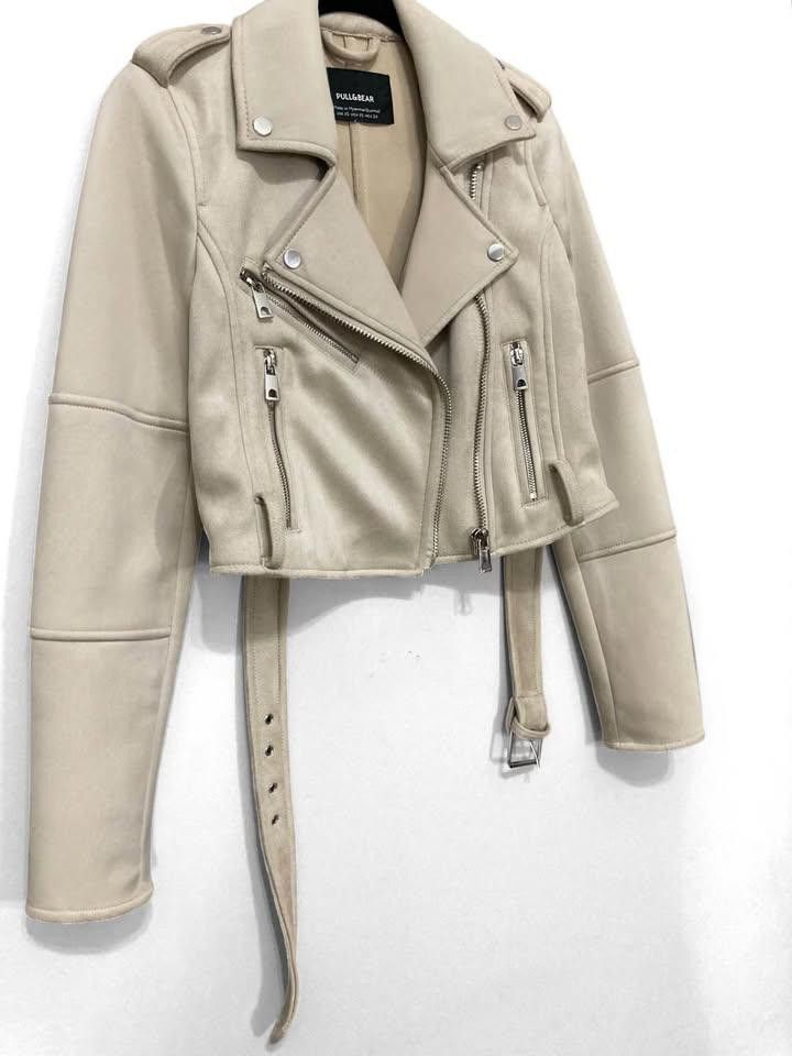 Pull & Bear Stylish Cropped Biker Jacket - Cream Color Size XS / US 0-2 / IT 36-38 - 6 Thumbnail