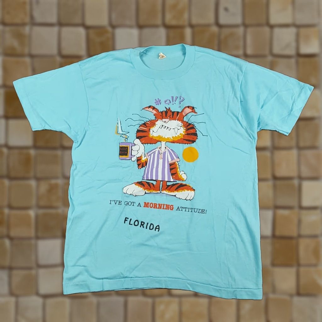 Vintage VINTAGE 90s Funny Morning Cat Cartoon Florida Men's T-Shirt - Screen Stars - Cotton - Blue - Size M Size US M / EU 48-50 / 2 - 1 Thumbnail