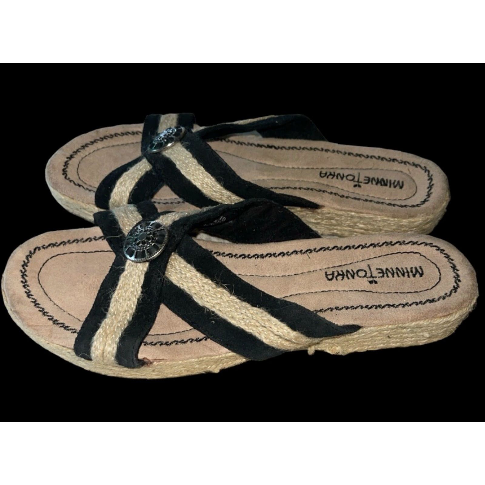 Minnetonka Minnetonka Sandal Women's Espadrille Leather Upper Black Tan Size 7 Flat Criss Cross Comfort Footwear Size US 7 / IT 37 - 4 Thumbnail