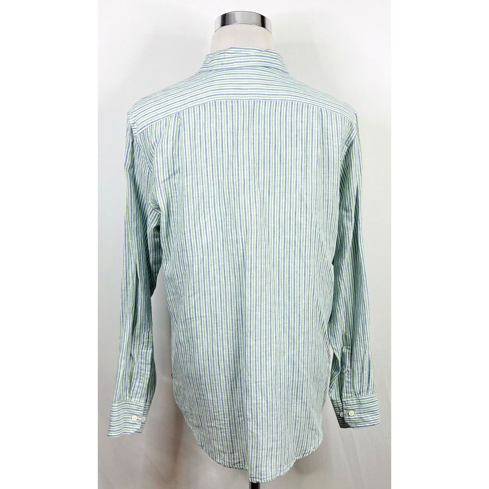 Izod IZOD Shirt Green Blue Striped Long Sleeve Button Front Medium Island Linen Blend Mens Size US M / EU 48-50 / 2 - 5 Thumbnail