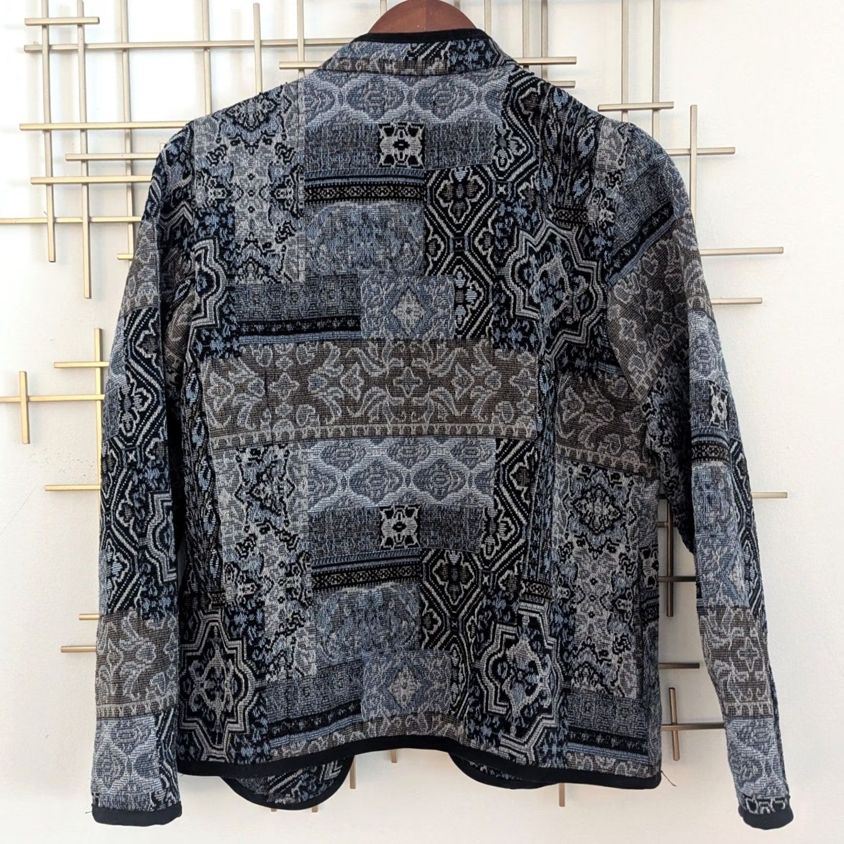 Vintage Violet B Patchwork Tapestry Collarless Open Front Jacket Blue Grey Women's Sz M Size M / US 6-8 / IT 42-44 - 2 Thumbnail