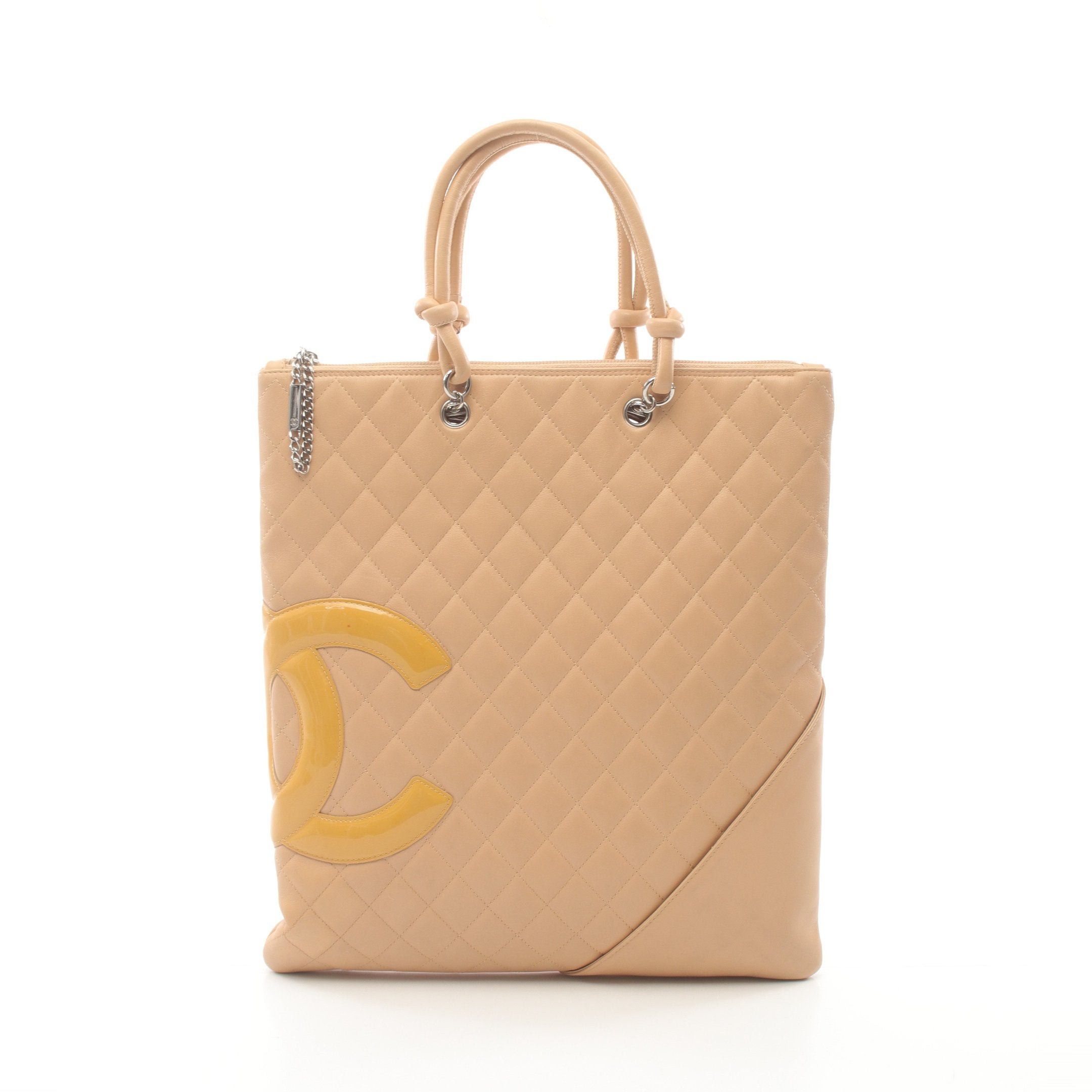 Chanel Cambon Line Flat Handbag Tote Bag Leather Patent Beige