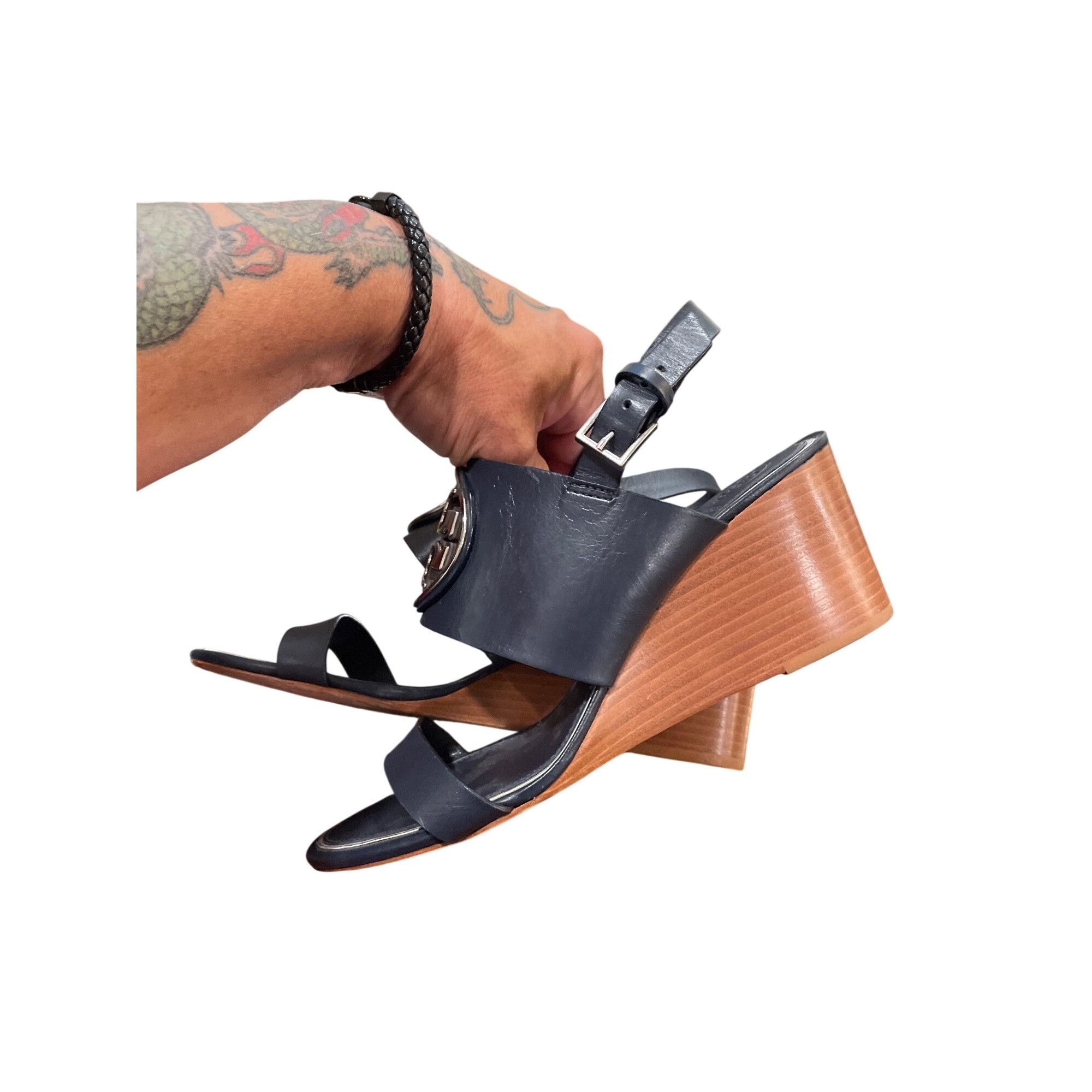 Tory Burch Tory Burch wms black leather 3" open sling back wedge shoes Size US 8.5 / IT 38.5 - 16 Thumbnail