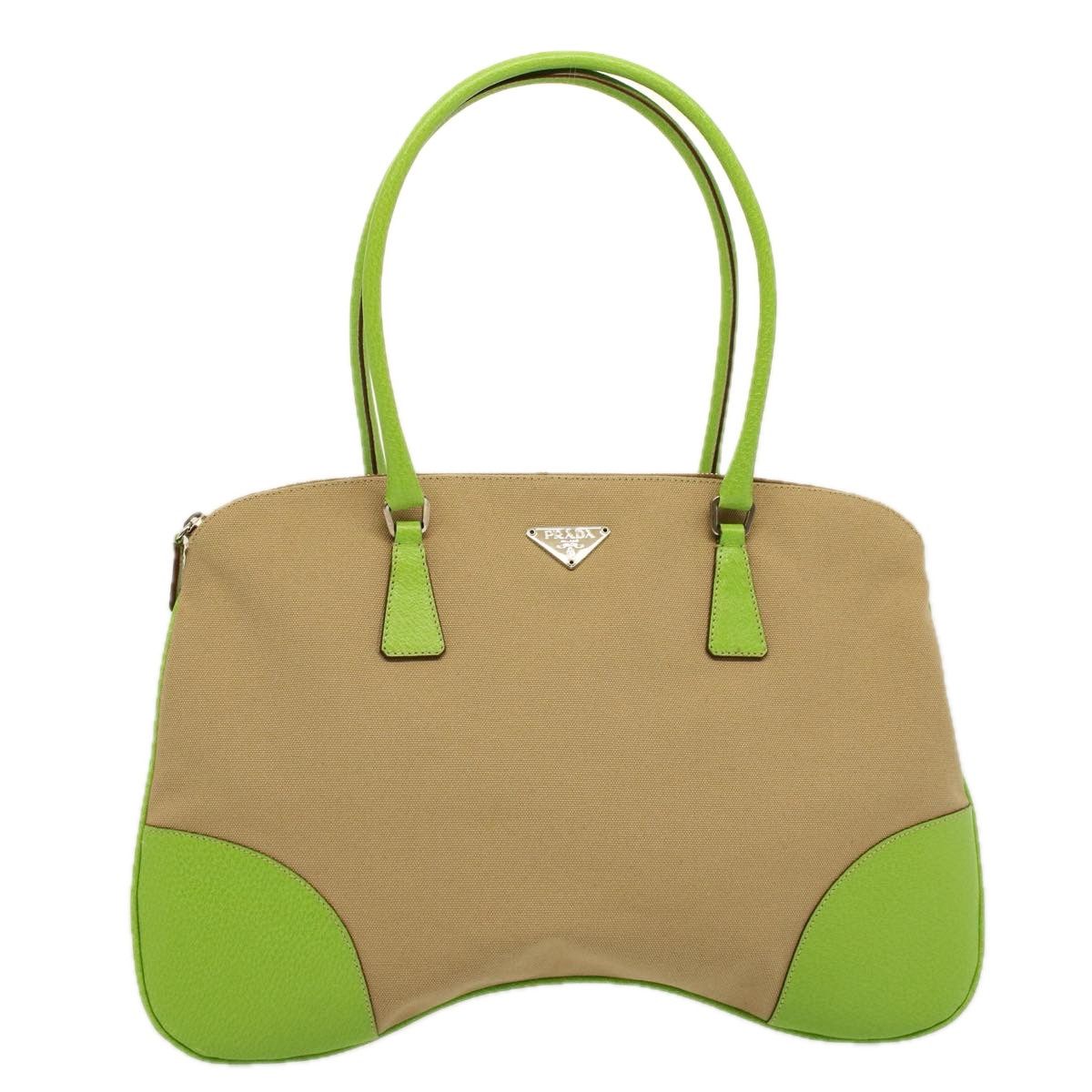 image of Prada Tote Bag Canvas Beige Green Auth 58770 in Beige/Green, Women's