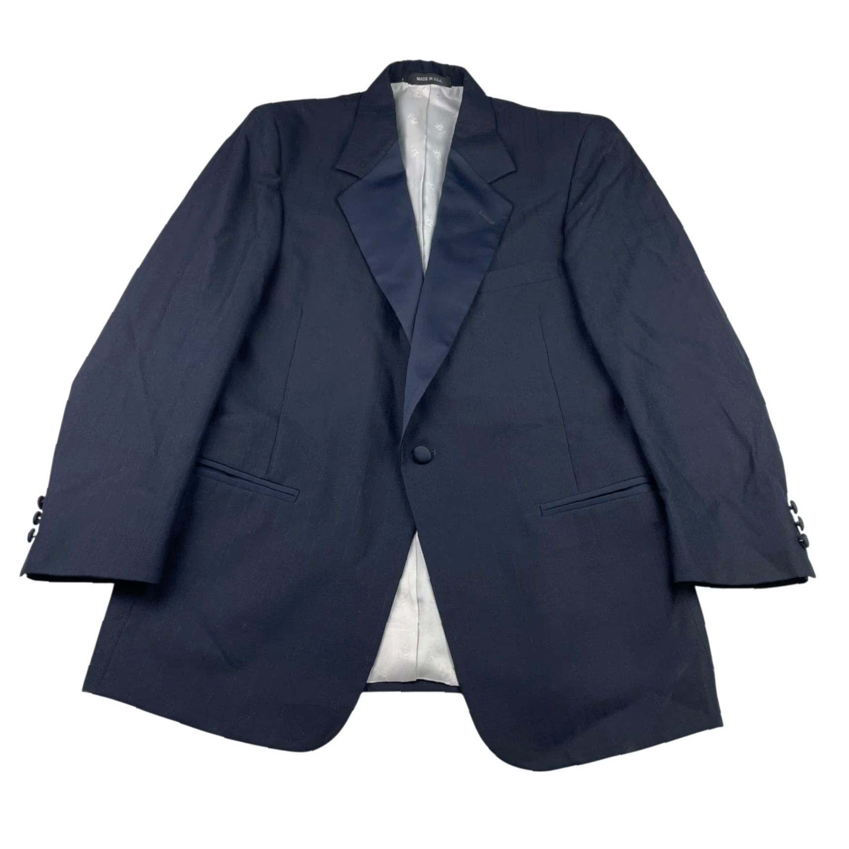VINTAGE Lord West Tuxedo Suit Navy Wool Peak Lapel 1-Button Jacket 42R 32x30 MensUS 2-Piece