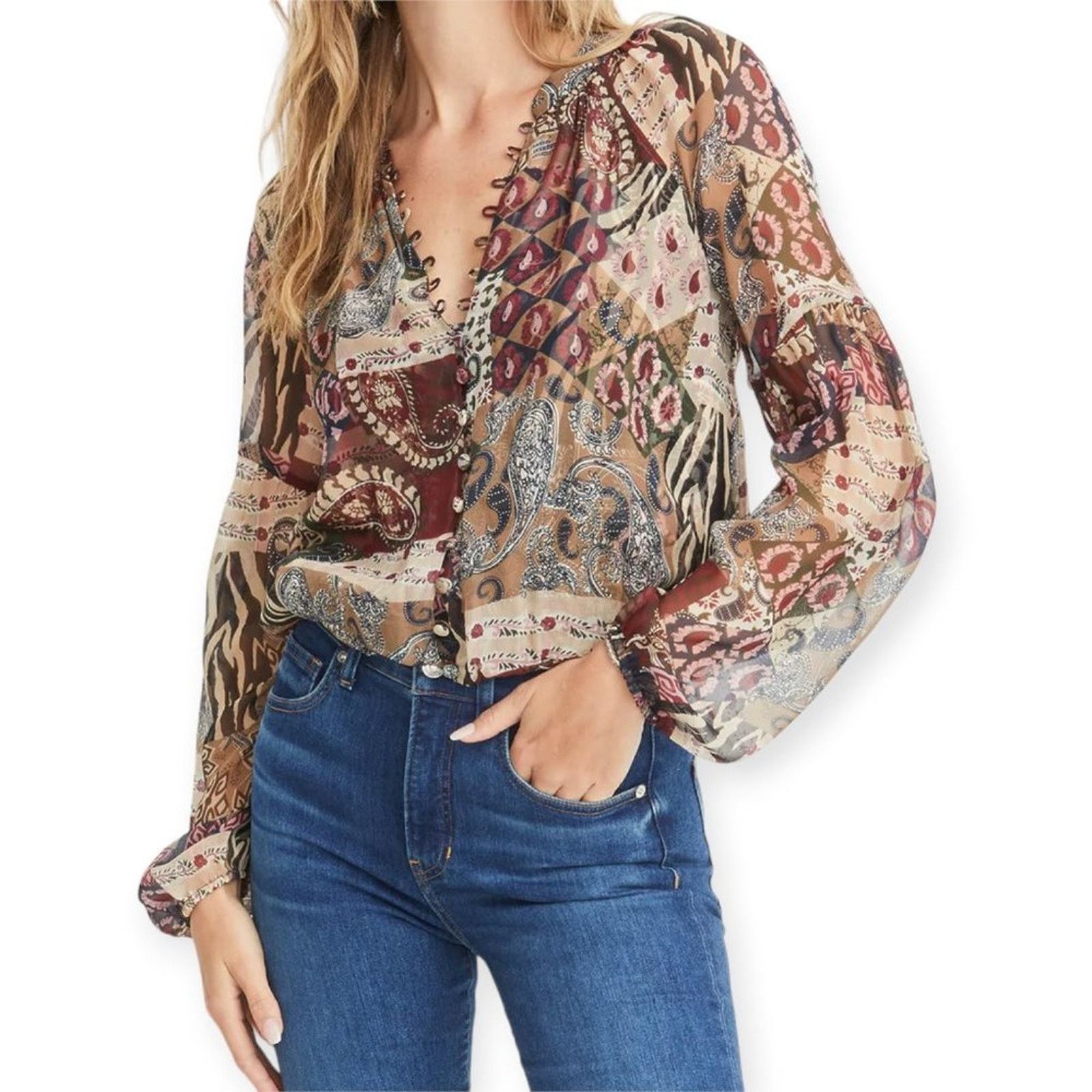 Veronica Beard Veronica Beard Jayce Silk Patchwork Blouse Print Size 2 Size XS / US 0-2 / IT 36-38 - 3 Thumbnail