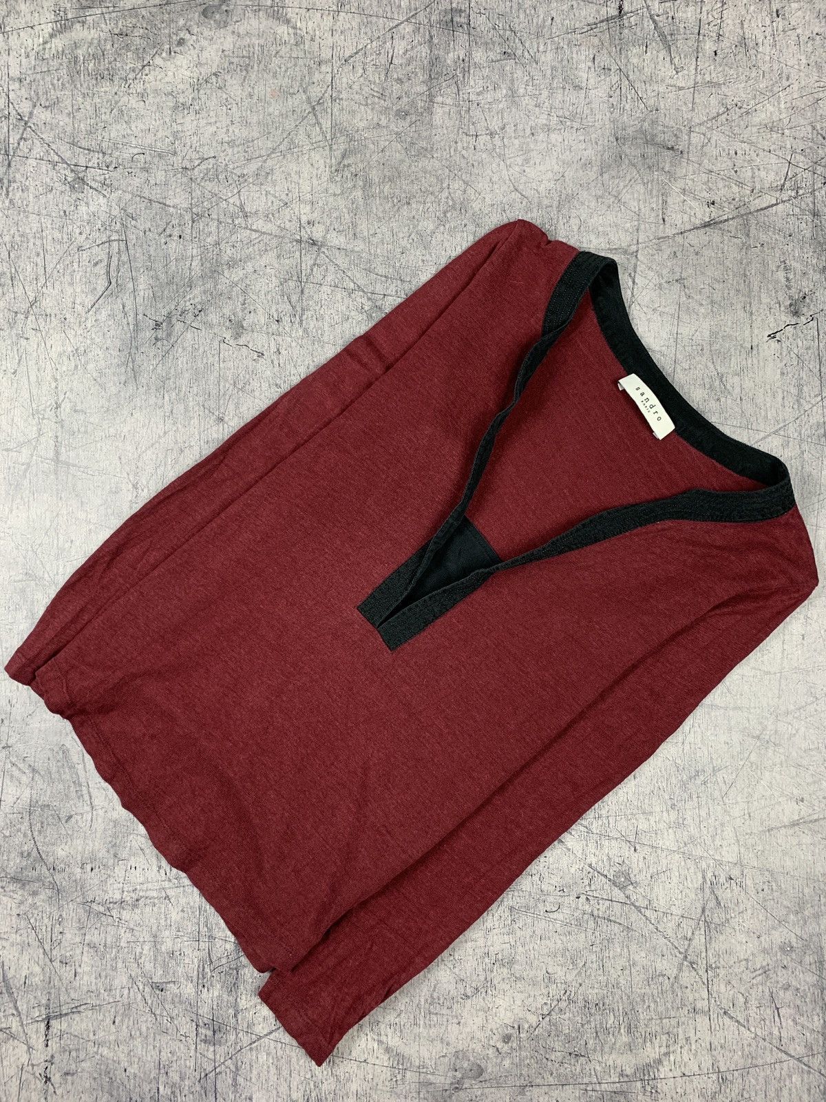 Sandro Sandro Paris V-Neck Linen T-Shirt Burgundy Size L Luxury Top Size S / US 4 / IT 40 - 1 Thumbnail