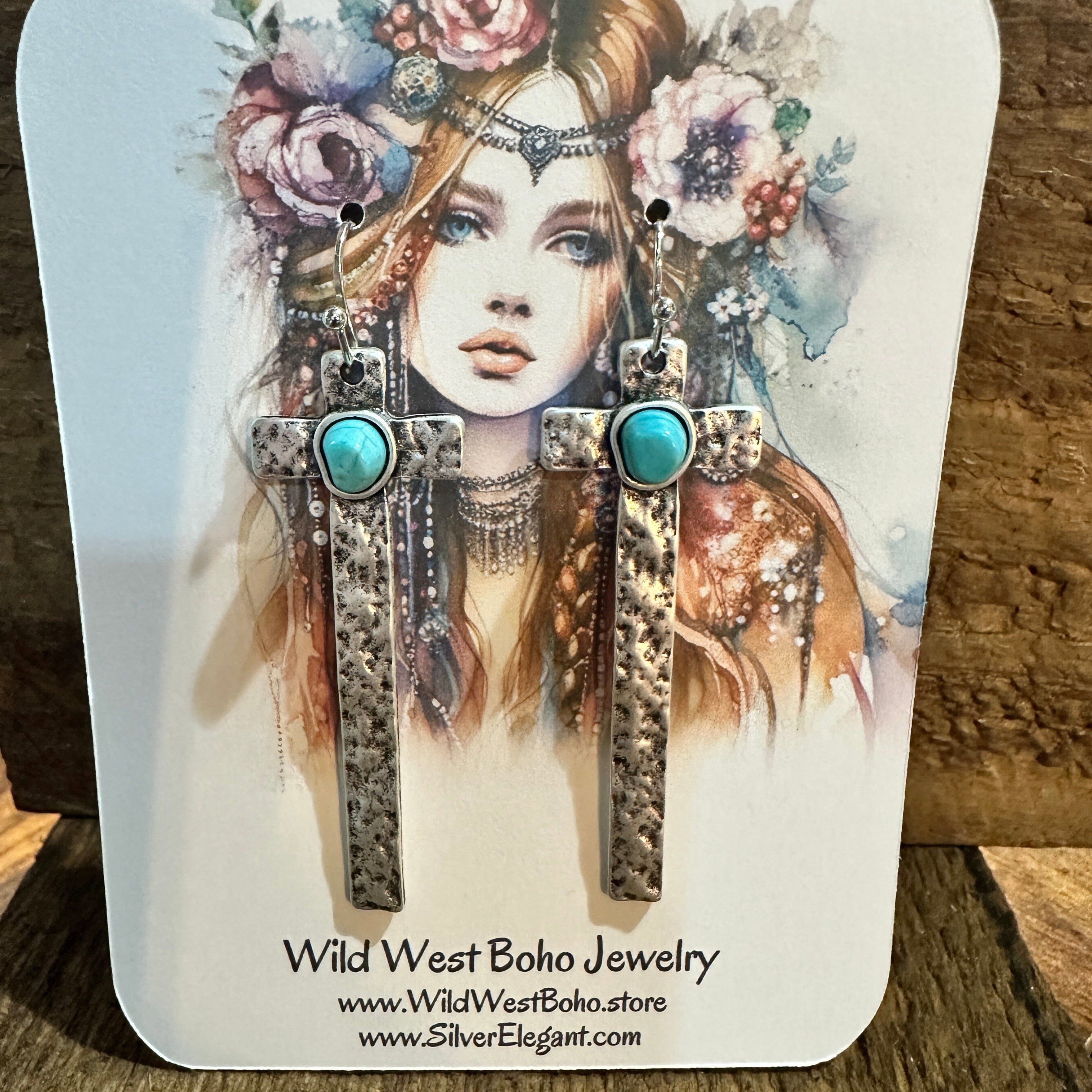 Other Cross Turquoise Earrings with Hammered Design, Southwestern Size ONE SIZE - 2 Thumbnail