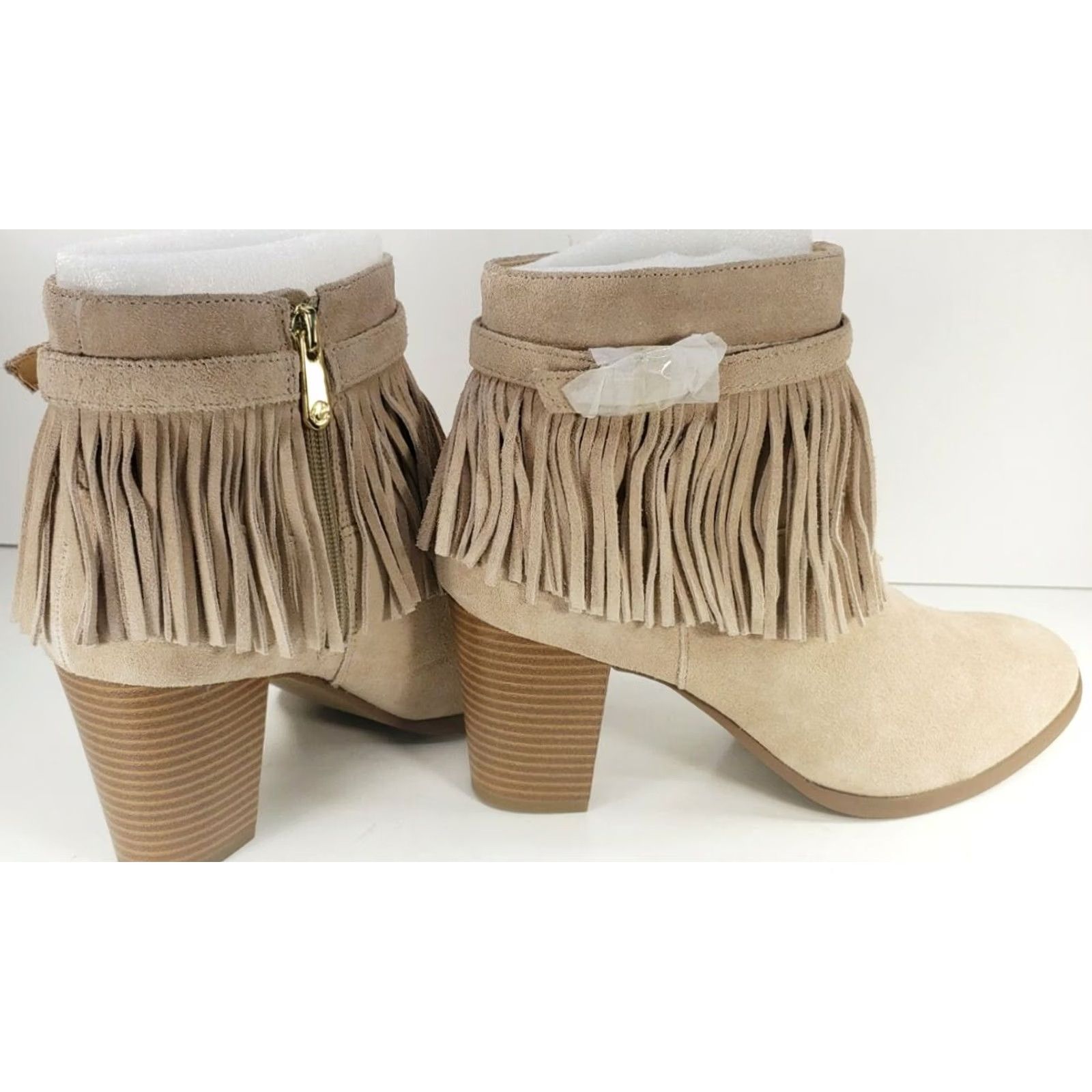 Vintage C. Wonder Willa Booties Fringe Zip Up Beige Leather Block Heel Khaki 9.5M Womens Bootie Size ONE SIZE - 4 Thumbnail