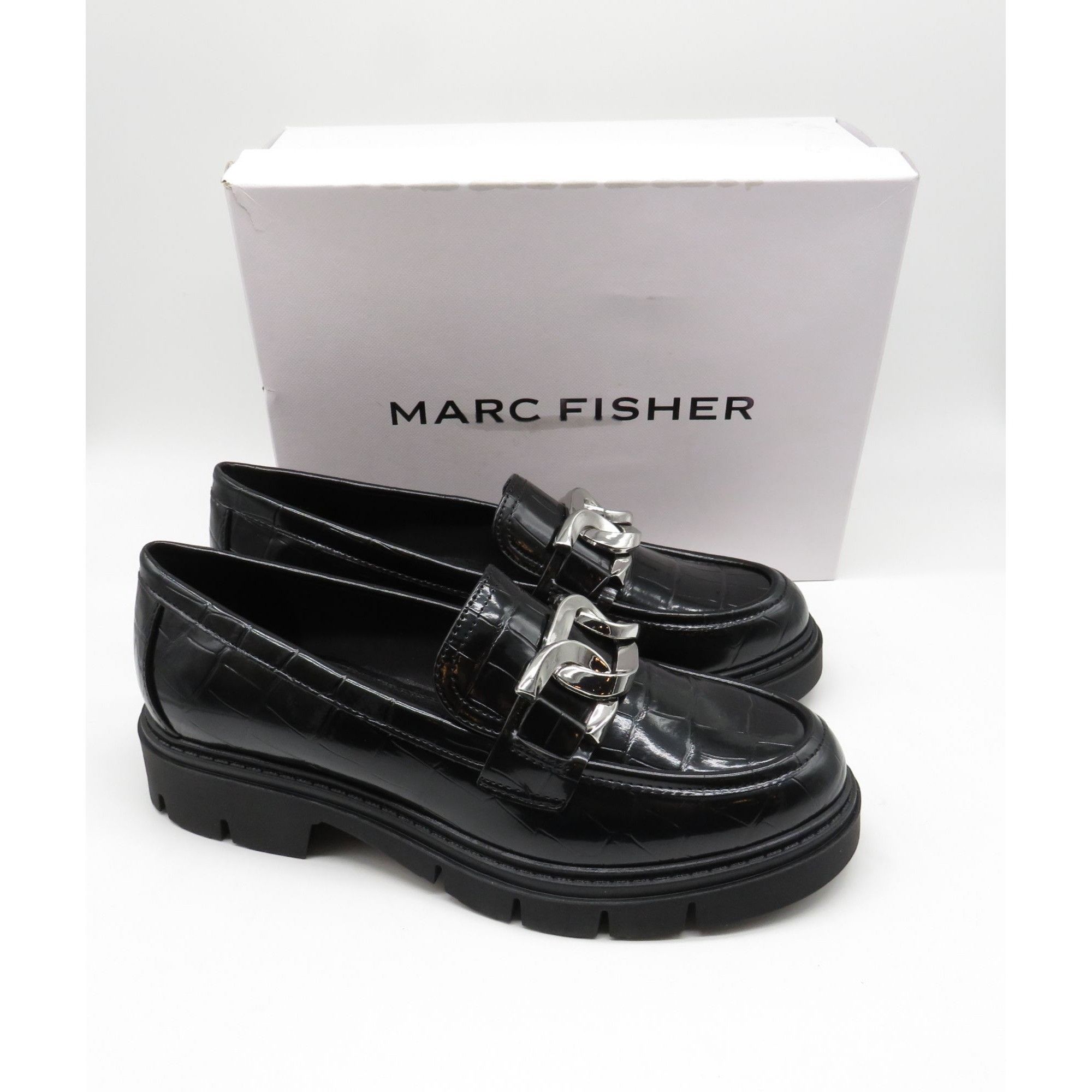 Marc Fisher Marc Fisher Corel Womens Black Croc-Embossed Loafers Chain D Size US 8 / IT 38 - 1 Thumbnail