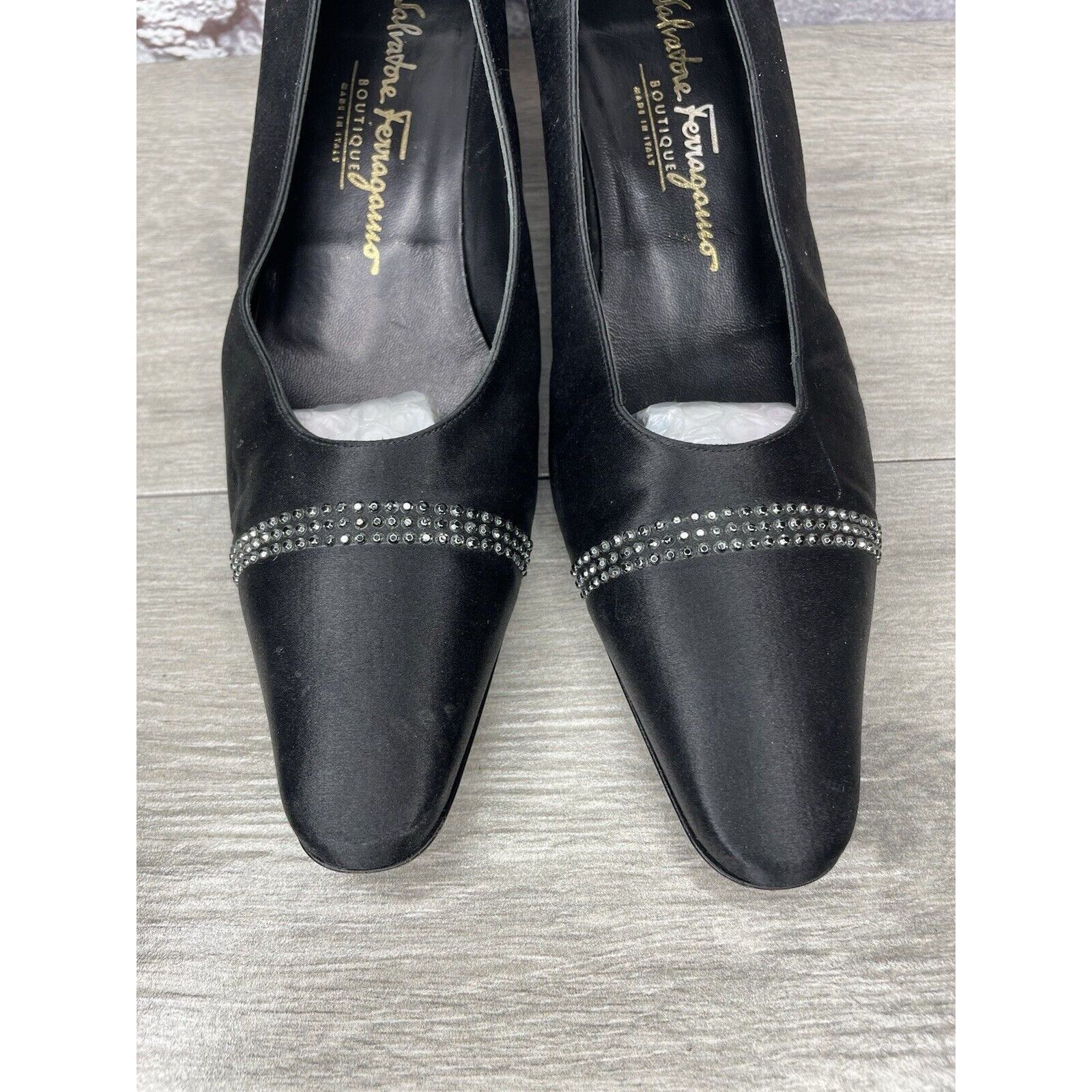 Salvatore Ferragamo Salvatore Ferragamo Boutique Black Satin Silk Rhinestone Cap Size US 10 / IT 40 - 23 Thumbnail