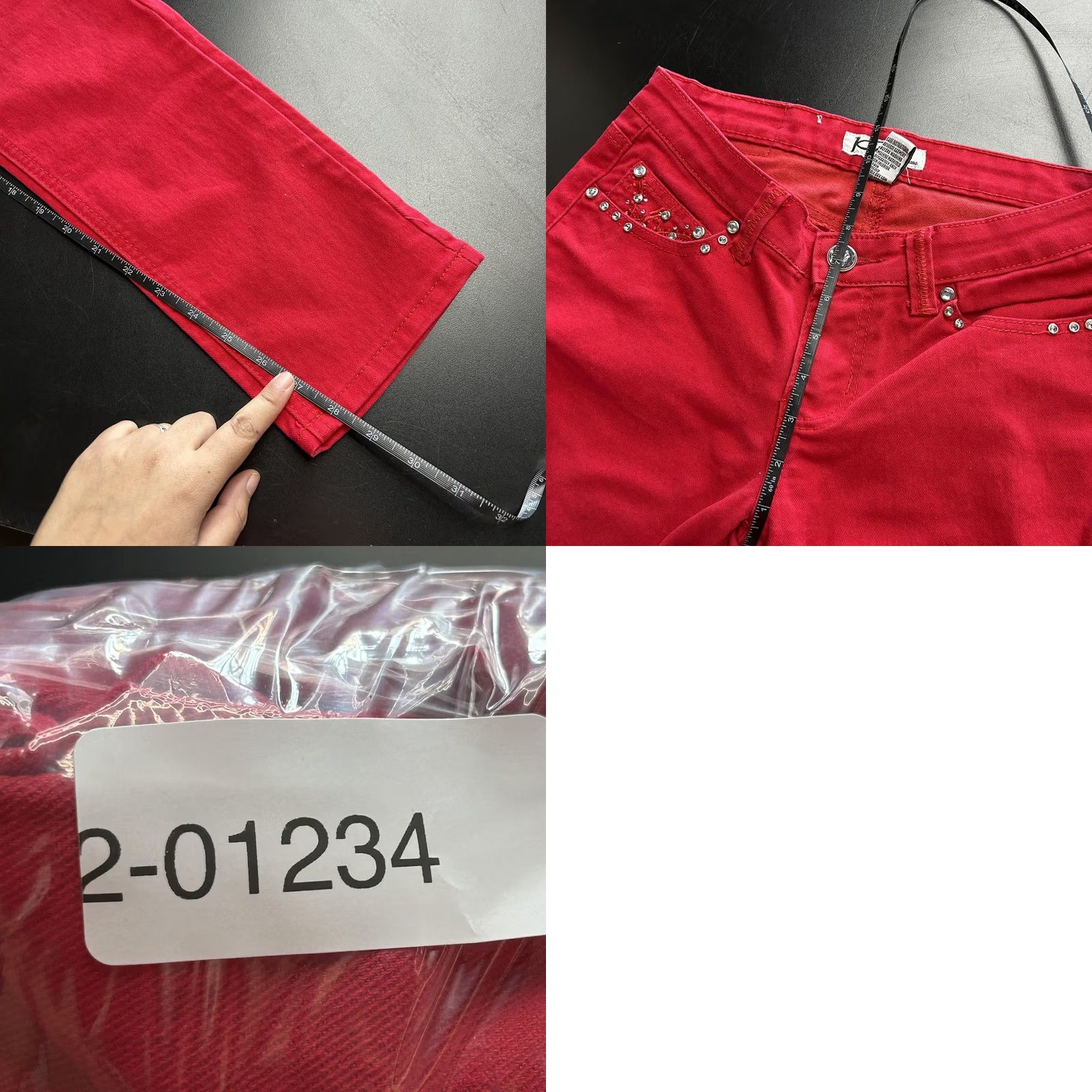 Denime Y2K Klip Jeans Womens 9 Red Mid Rise Skinny Stretch Denim Rhinestone Embroidered Embellished Size 30" / US 8 / IT 44 - 8 Thumbnail
