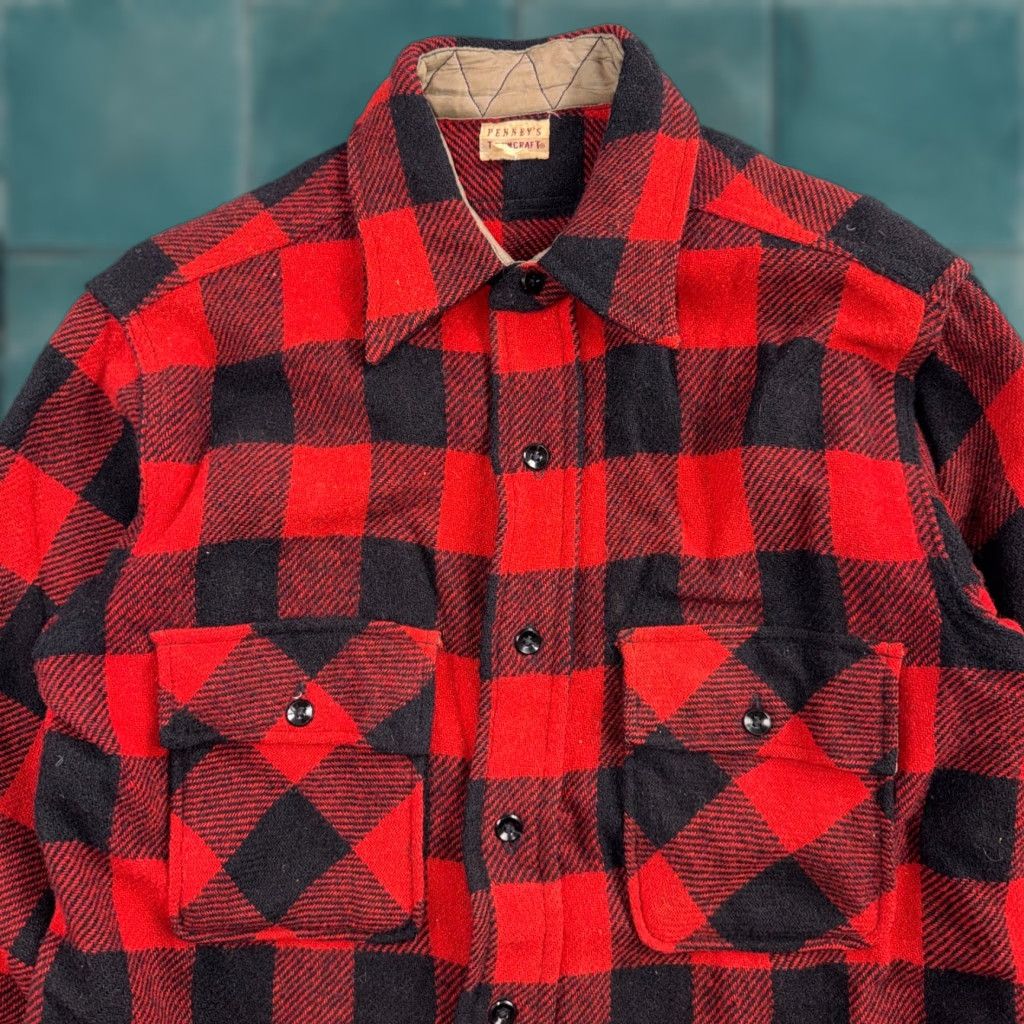 JCPenney VINTAGE Penneys Jacket Plaid Wool Buffalo Red Black 1940s 40s 50s Shirt Parka Men M Wool Size US M / EU 48-50 / 2 - 1 Thumbnail