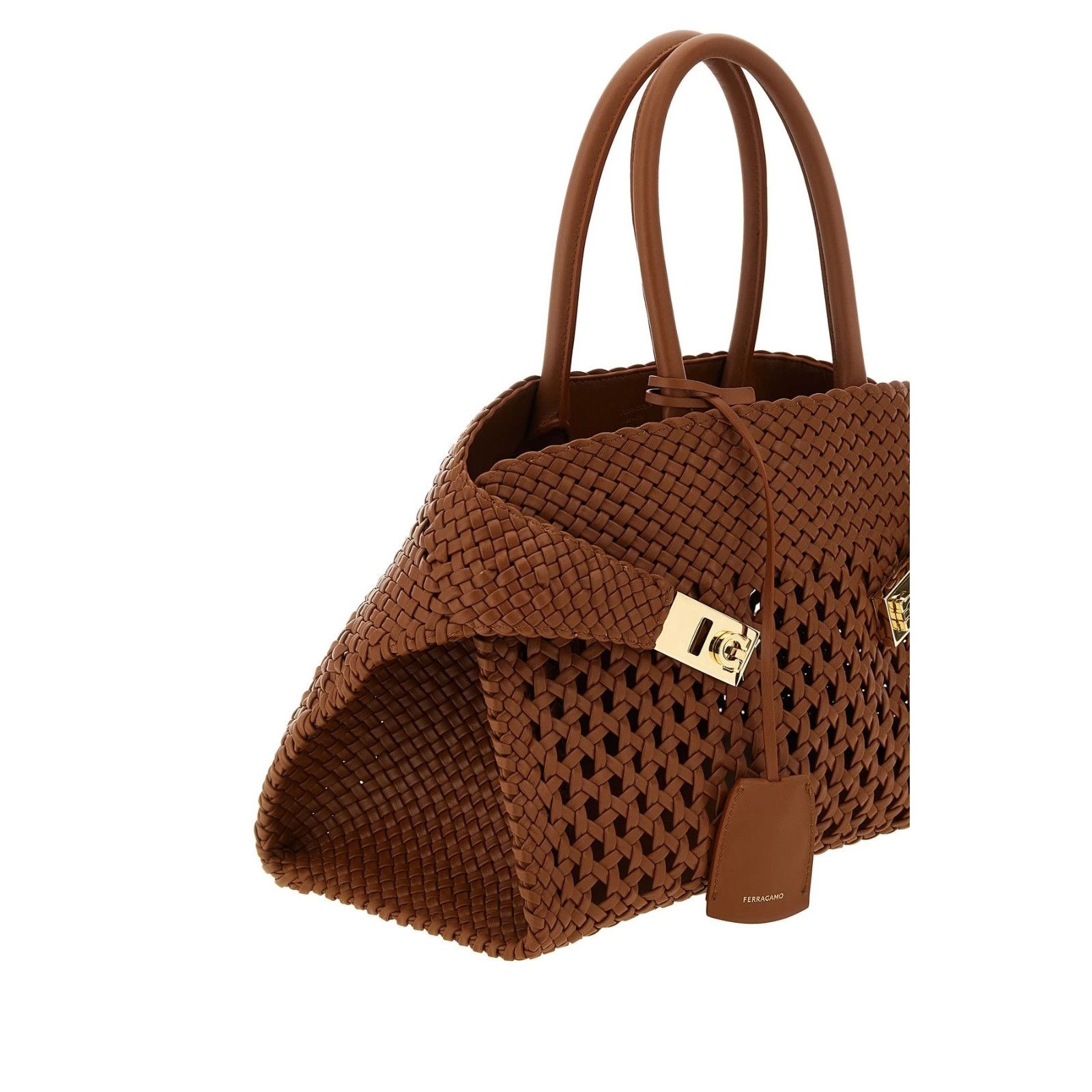 Salvatore Ferragamo FERRAGAMO Hug Th S Brown Woven Leather Top Handle Bag New & Size ONE SIZE - 3 Thumbnail