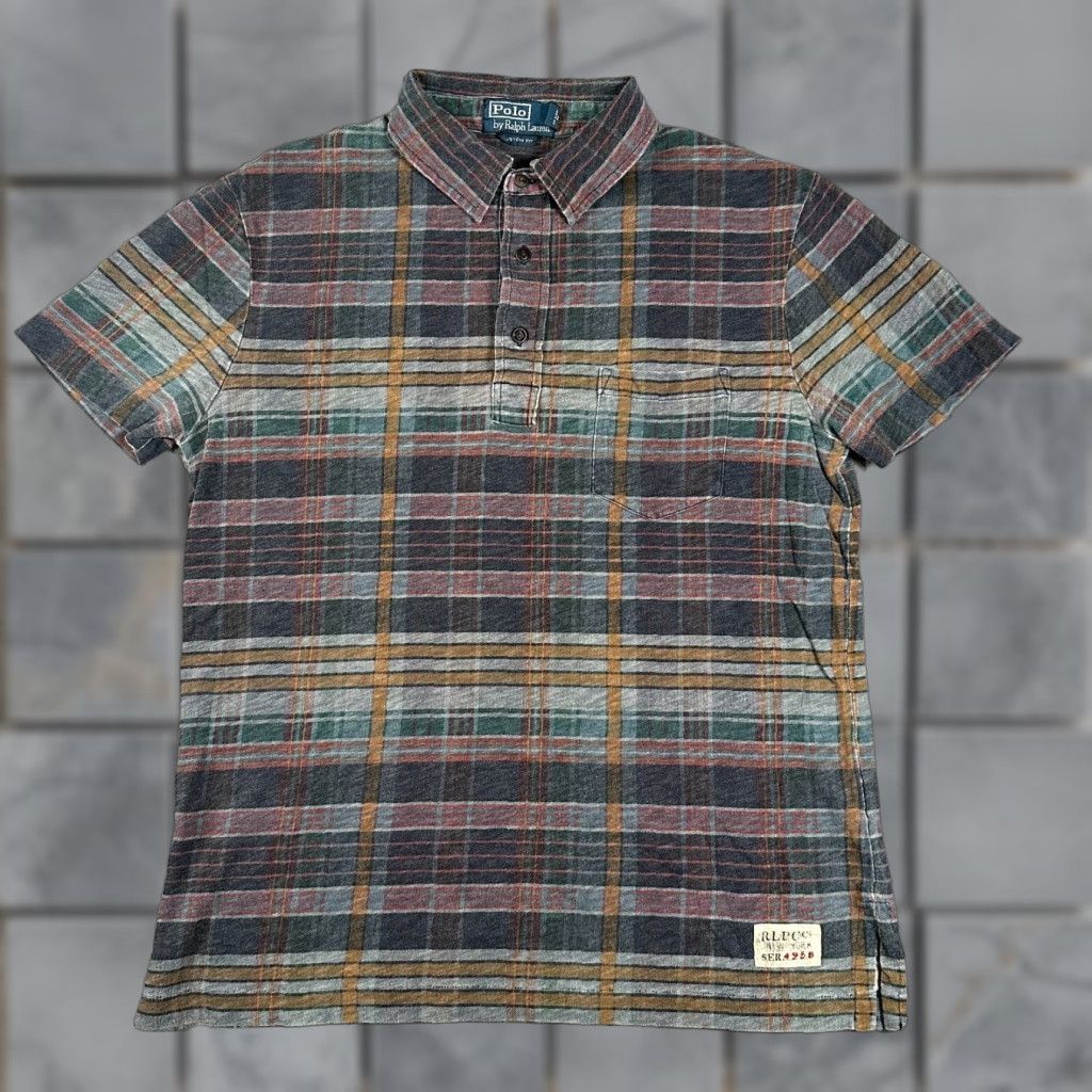 VINTAGE Polo Ralph Lauren Shirt M Multicolor Plaid Logo Button-Down Short Sleeve Cotton Knit Men Regular 90s?