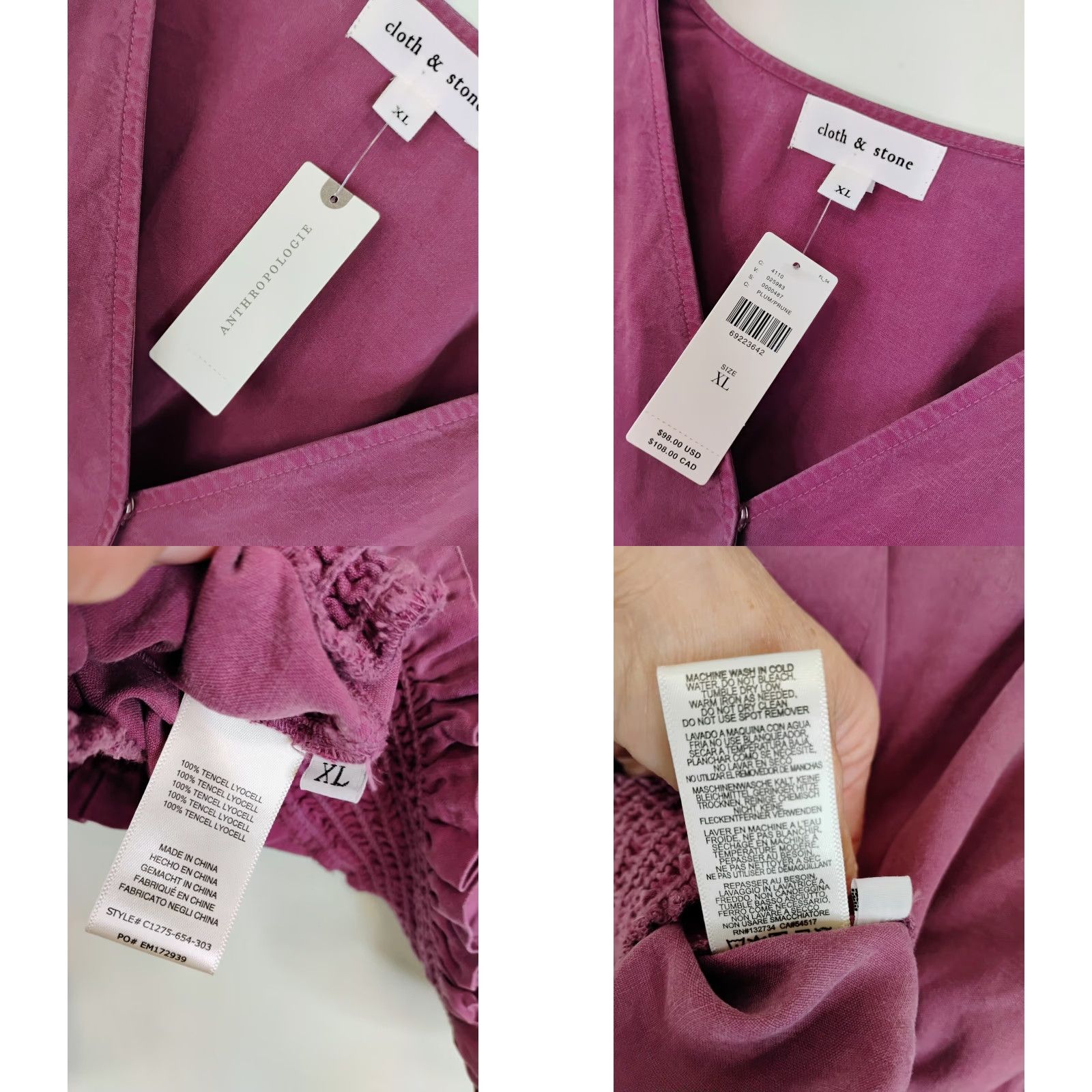Anthropologie Cloth & Stone Blouse V-Neck Long Sleeve XL Purple Woman Shirt Regular Tencel Casual Fall Spring Summer Womens Size XL / US 12-14 / IT 48-50 - 8 Thumbnail