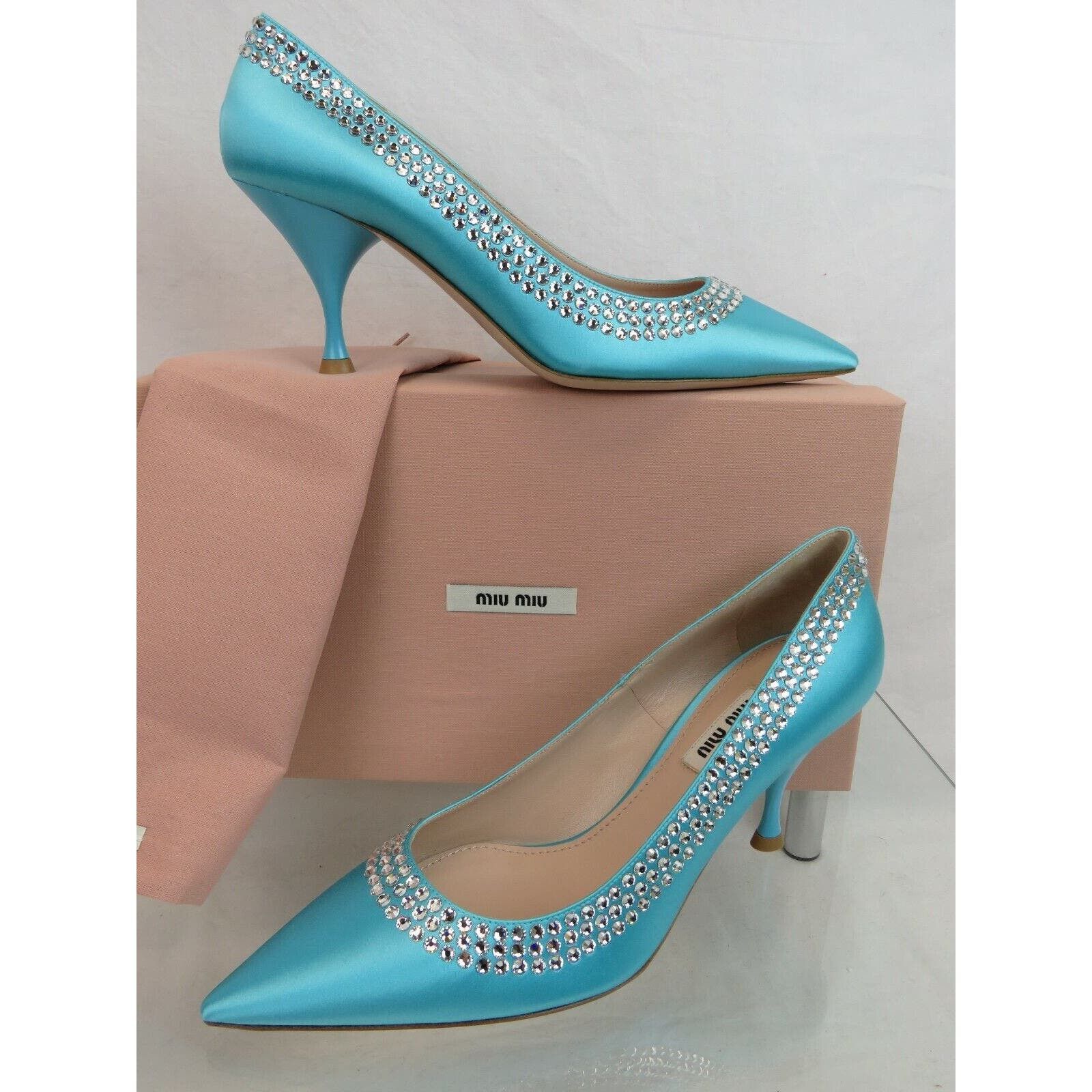 image of Miu Miu 5I796C Turquoise Satin Crystals Jeweled Heel Shoes Dress Pumps 40 in Blue, Women's (Size 10
