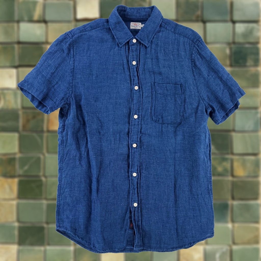 Faherty Faherty Shirt Button-Up Short Sleeve Linen Blue Mens M Size US M / EU 48-50 / 2 - 1 Thumbnail