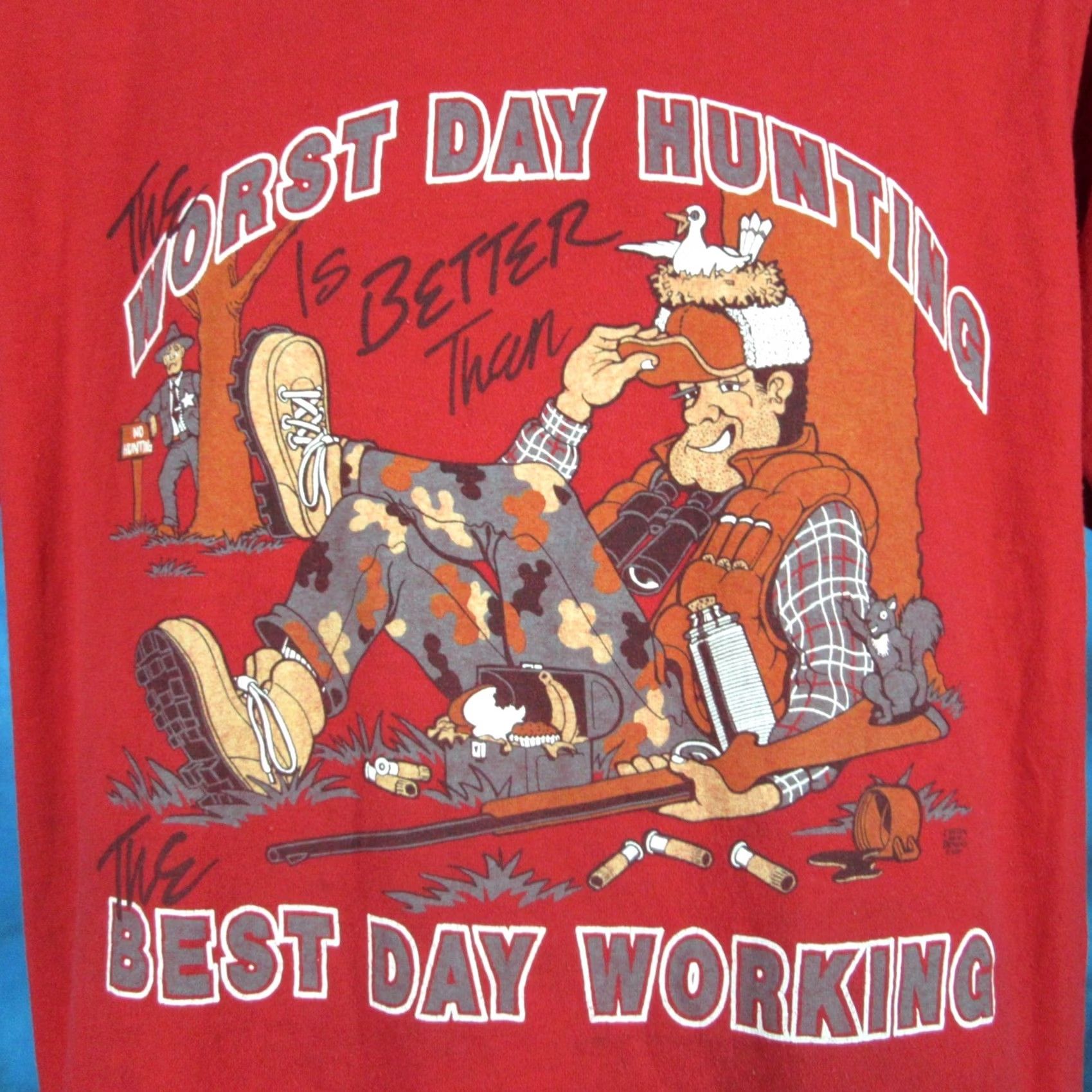 Vintage VINTAGE WORST DAY HUNTING BETTER THAN WORK CARTOON T-Shirt XL Red Men's 80s 90s Short Sleeve Crew Neck Deer Joke Thin Size US XL / EU 56 / 4 - 2 Thumbnail