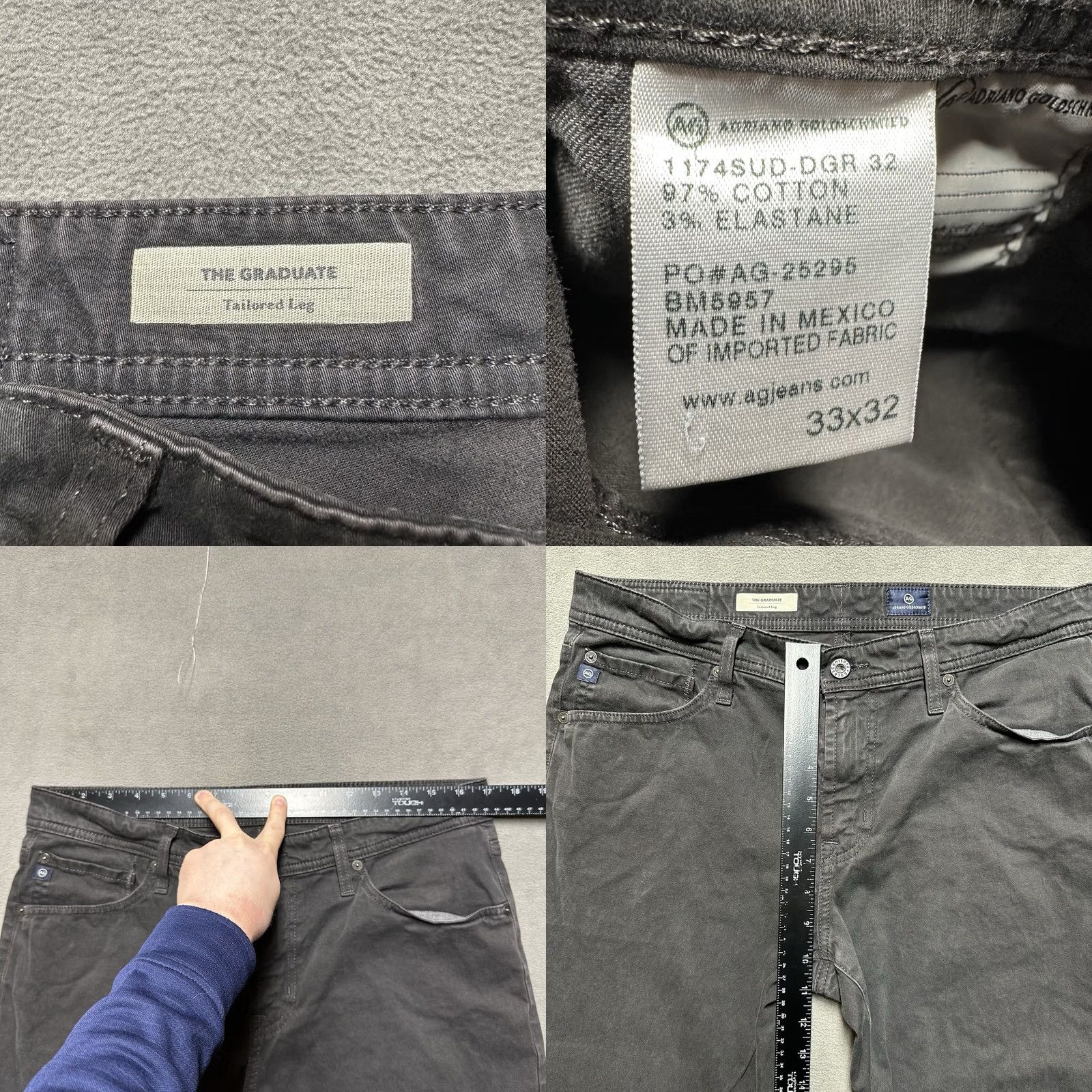 Vintage AG Adriano Goldschmied The Graduate Tailored Leg Pants Mens 34x29.5 Gray Straight 5-Pocket Chino Block Size US 33 - 8 Thumbnail