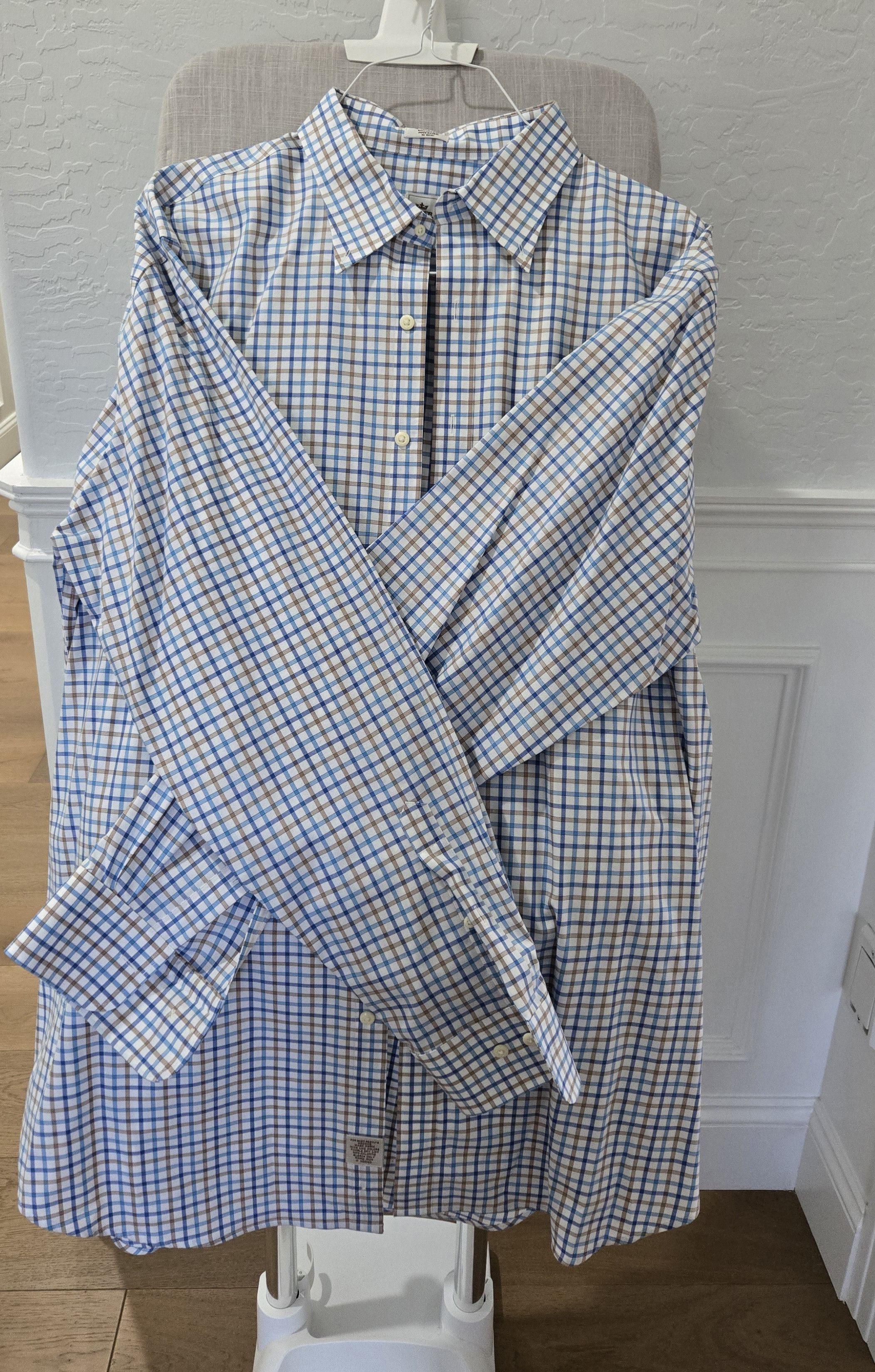 Peter Millar Peter Millar Men's Nanoluxe Twill Tan, and blue Check shirt Size US XL / EU 56 / 4 - 3 Thumbnail
