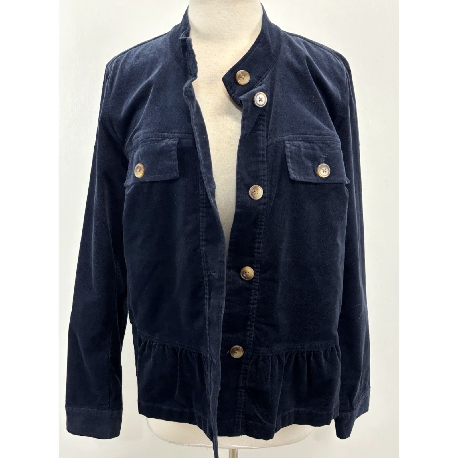 J. Jill J. Jill Jacket Women M Tall Navy Blue Corduroy Blazer Peplum Ruffle Button Long Sleeve Cotton Blend Solid Size 32" / US 10 / IT 46 - 6 Thumbnail
