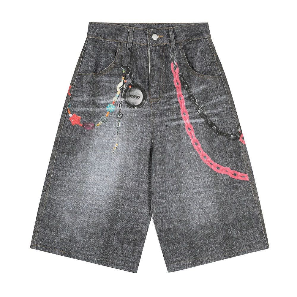 Jean Distressed punk chain digital print denim shorts y2k Size US 32 / EU 48 - 1 Thumbnail