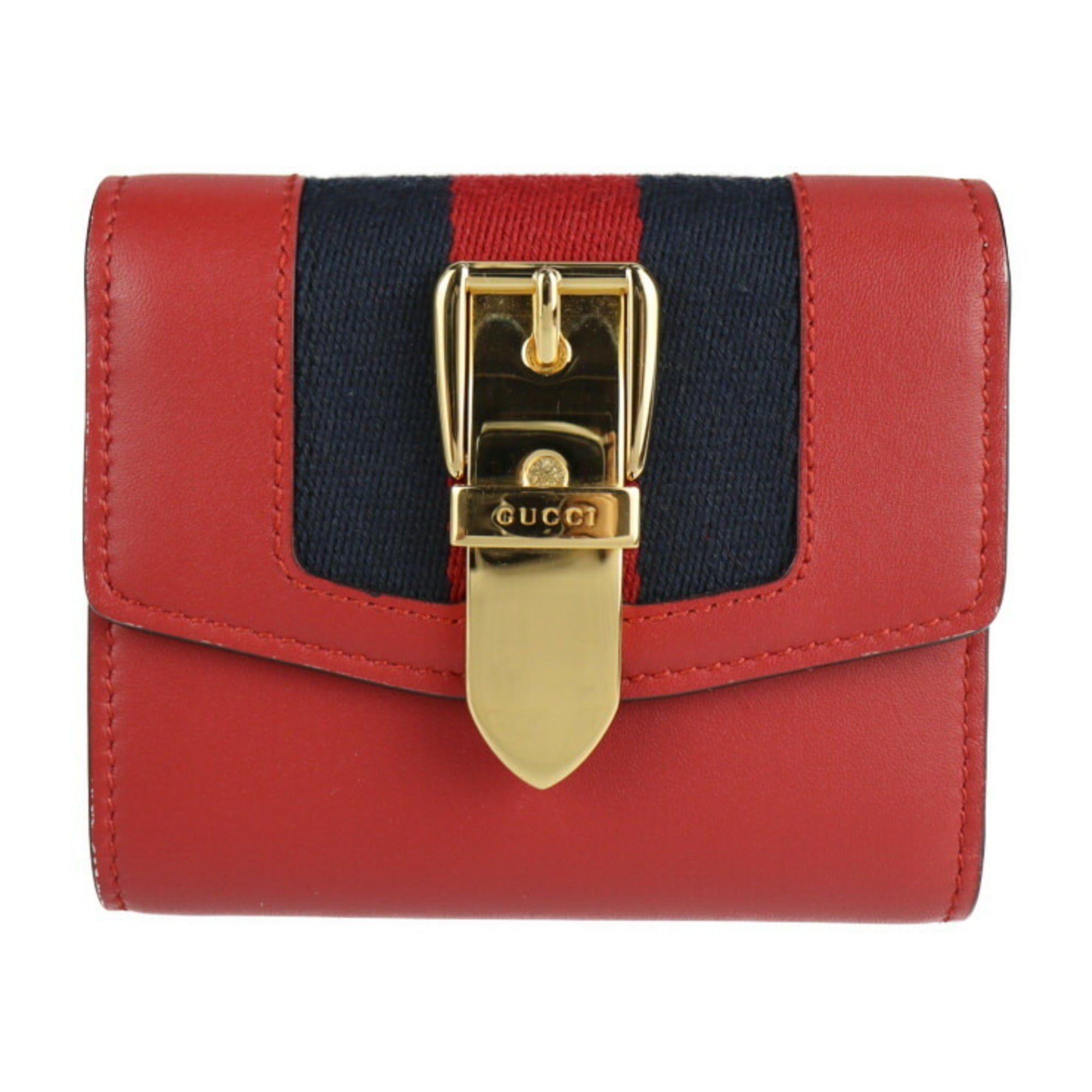 image of Gucci Sylvie Compact Wallet Webbing Line Tri-Fold 476081 Calf Leather Red in Black, Women's