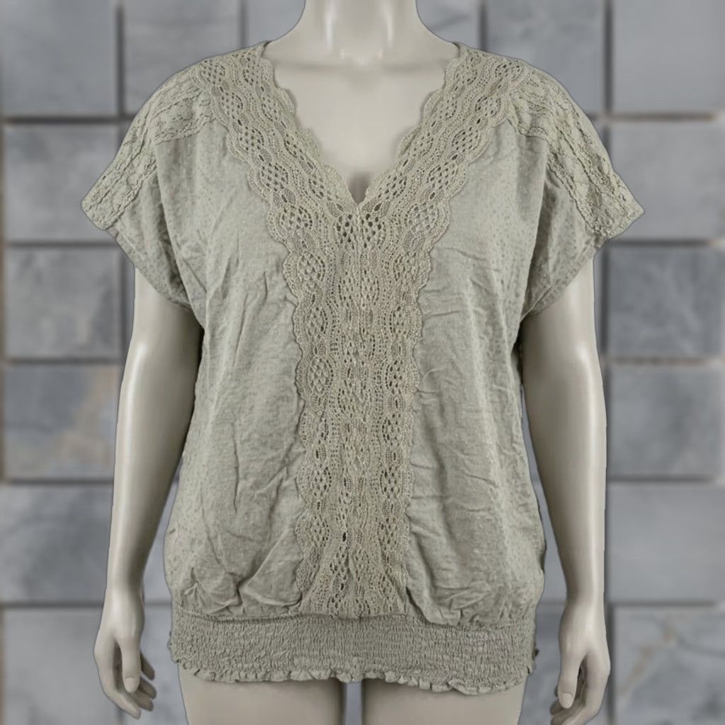 Olive Live & Let Live Blouse 1X Sage Green V-Neck Crochet Ruffle Dolman Short Sleeve Plus Size Women Size XL / US 12-14 / IT 48-50 - 1 Thumbnail