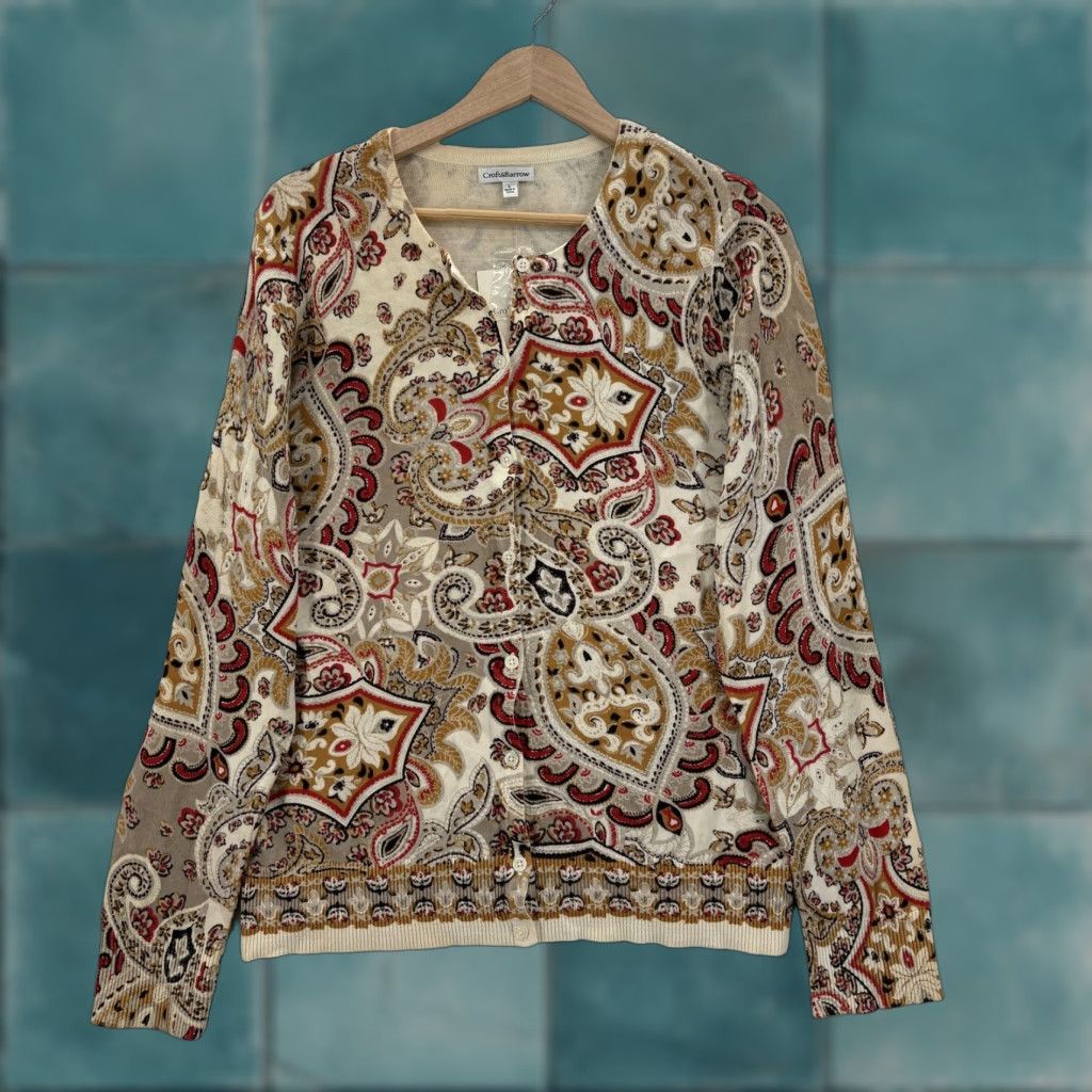 Croft & Barrow Croft & Barrow Cardigan Sweater Womens Large Multicolor Paisley 100% Cotton Boho Knit Slim Crew Neck Long Sleeve Casual Size L / US 10 / IT 46 - 1 Thumbnail