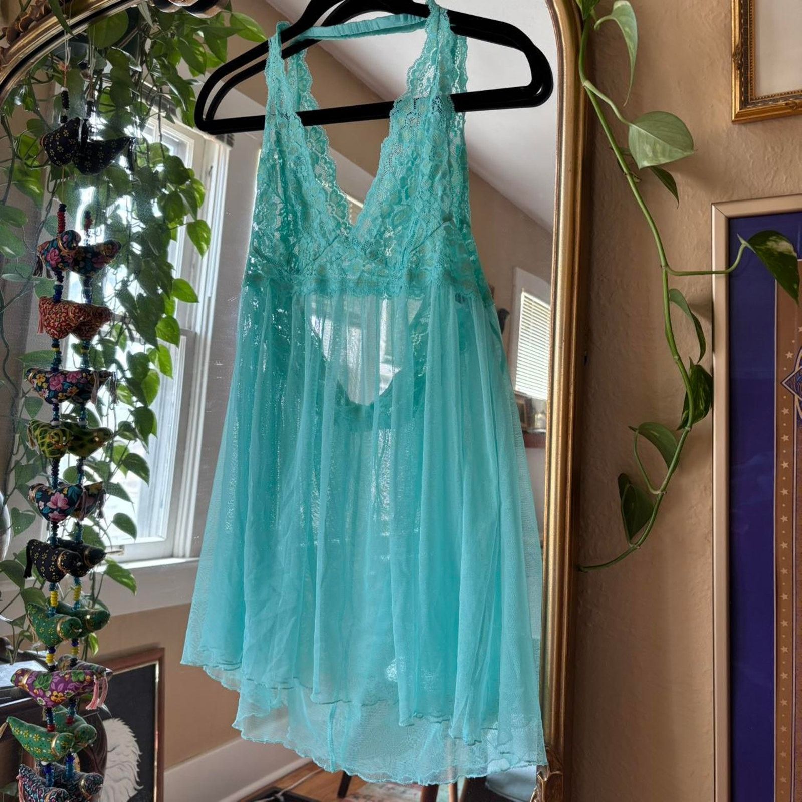 Other Aquamarine Lace Sheer Lingerie Halter Nightie Sexy Fairycore Size ONE SIZE - 2 Thumbnail