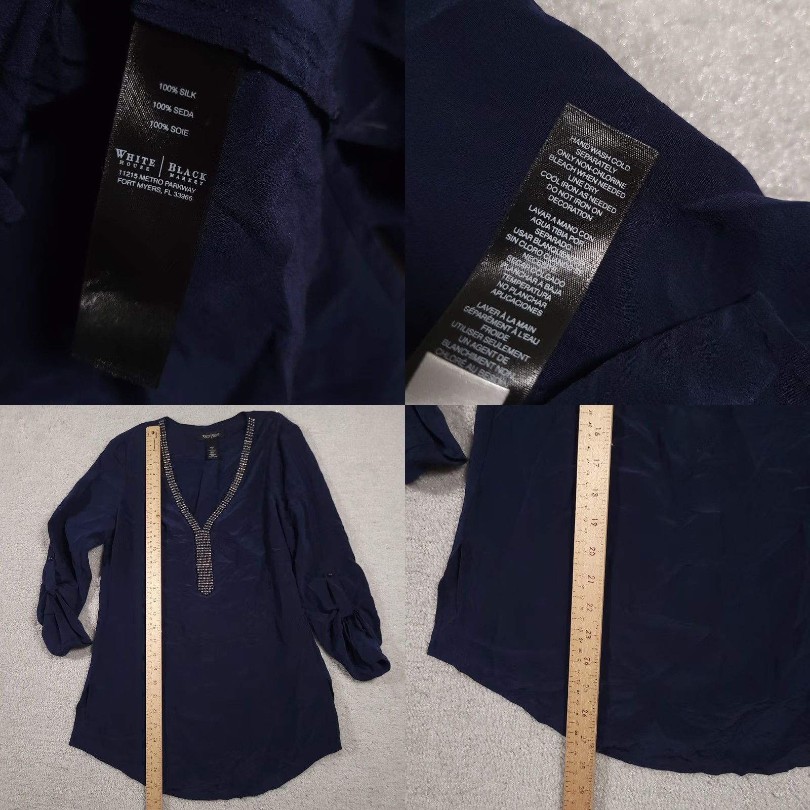 White House Black Market VINTAGE White House Black Market Tunic Womens 2 Navy Blue Silk Embellished V-Neck Blouse Top Size XS / US 0-2 / IT 36-38 - 8 Thumbnail