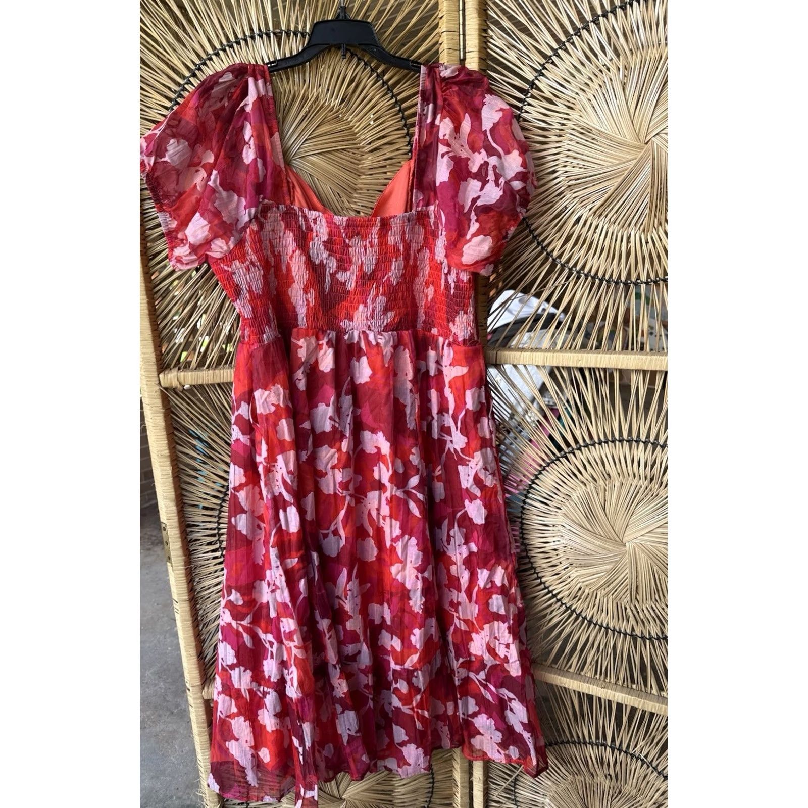 Torrid Torrid Dress Midi Cotton Smocked Lace Up Floral Shady Rose 2XL Womens Red Size XXL / US 16-18 / IT 52-54 - 5 Thumbnail