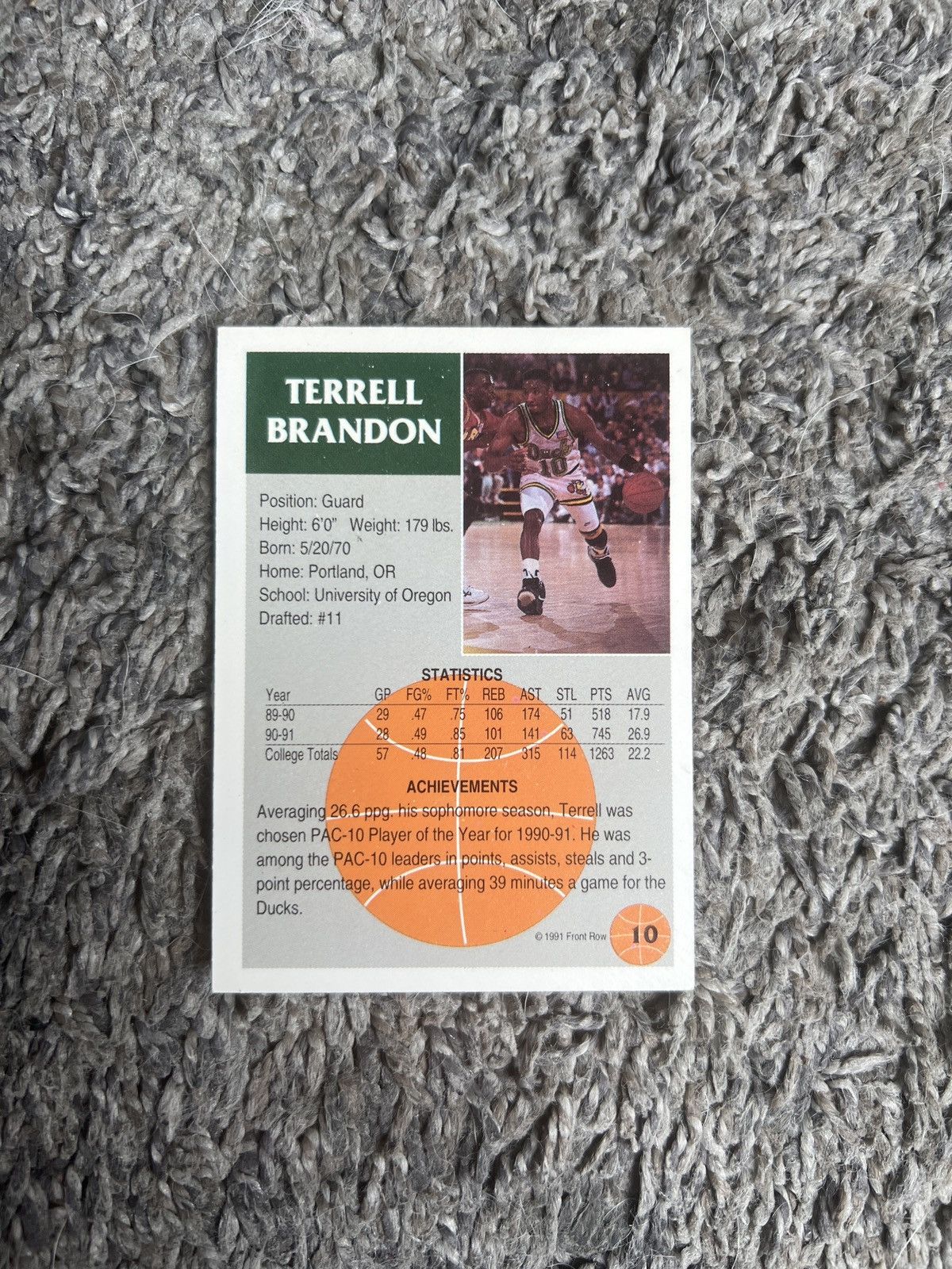 NCAA 1991 Front Row #10 Terrell Brandon Card Size ONE SIZE - 2 Thumbnail