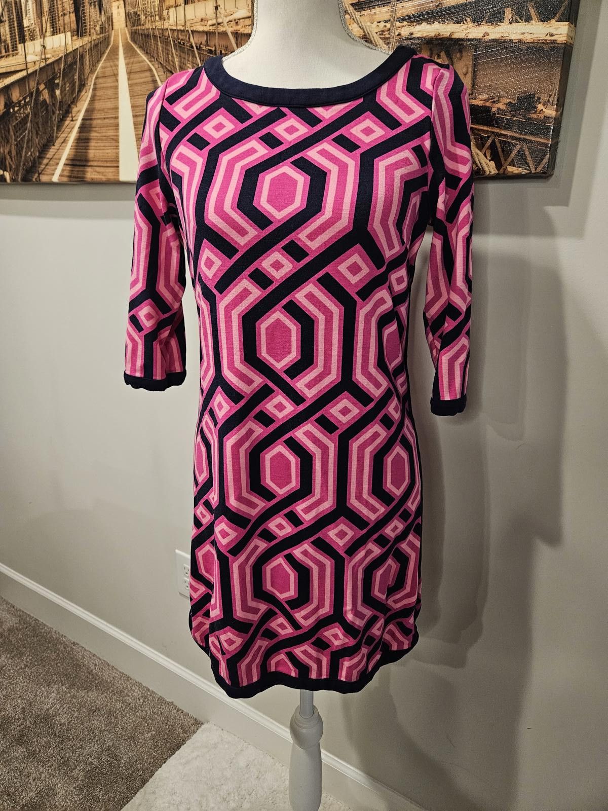 Designer Crown & Ivy Geometric Patterned Dress - Pink & Navy #268 Size XS / US 0-2 / IT 36-38 - 1 Thumbnail