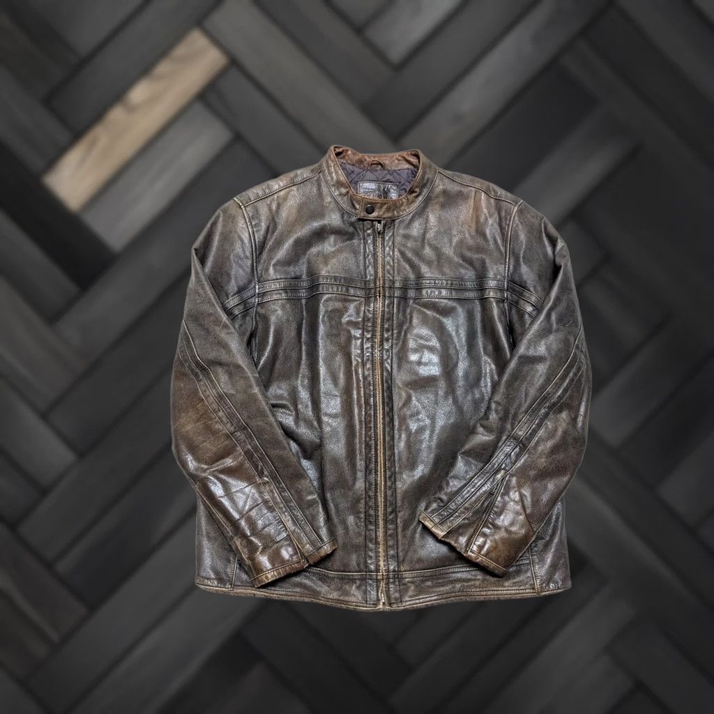 Merona VINTAGE Merona motorcycle jacket Men L brown leather PATINA 1990s cafe racer 44-46 Size US L / EU 52-54 / 3 - 1 Thumbnail