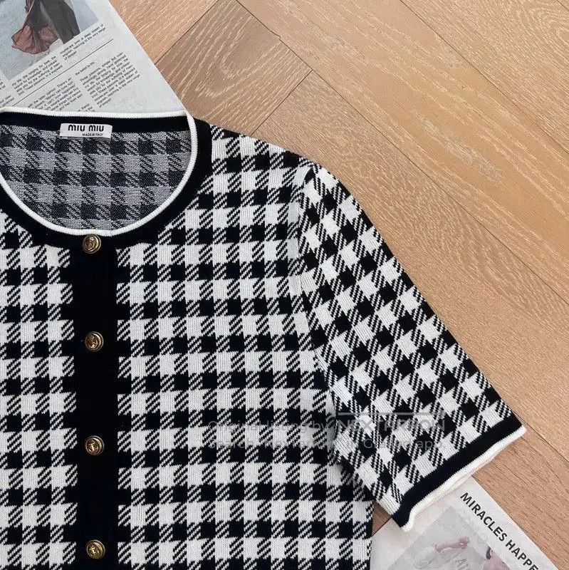 Miu Miu Miu Miu Black Checked Short Sleeve Cardigan . Size L / US 10 / IT 46 - 4 Thumbnail