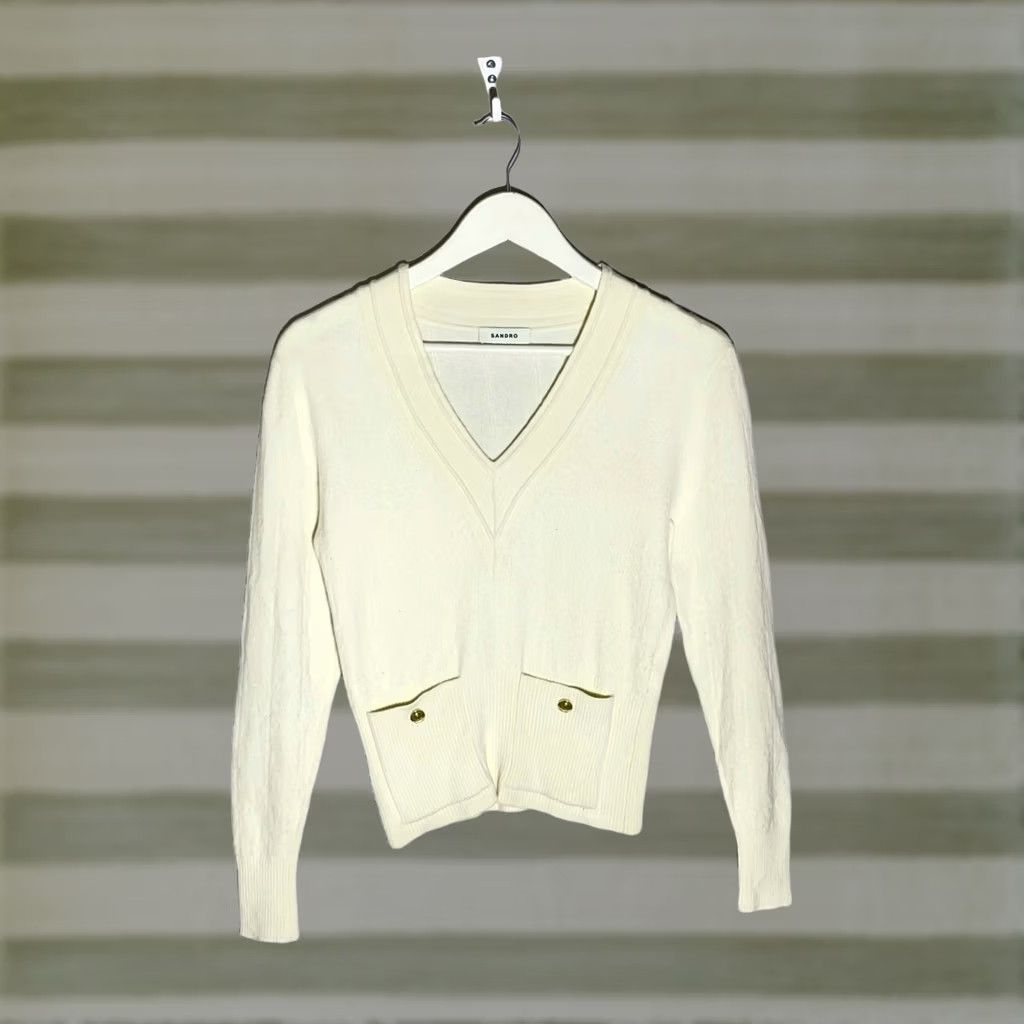 Sandro Sandro Women’s Wool Sweater Size 1 Beige V-Neck Long Sleeve Size XS / US 0-2 / IT 36-38 - 1 Thumbnail