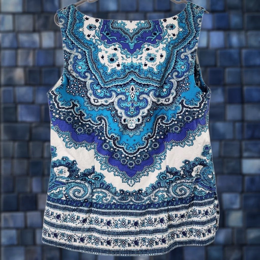 Talbots Talbots Petite Sz 10 Tank Top Blue White Paisley Sleeveless Blouse Lined Women Size L / US 10 / IT 46 - 1 Thumbnail