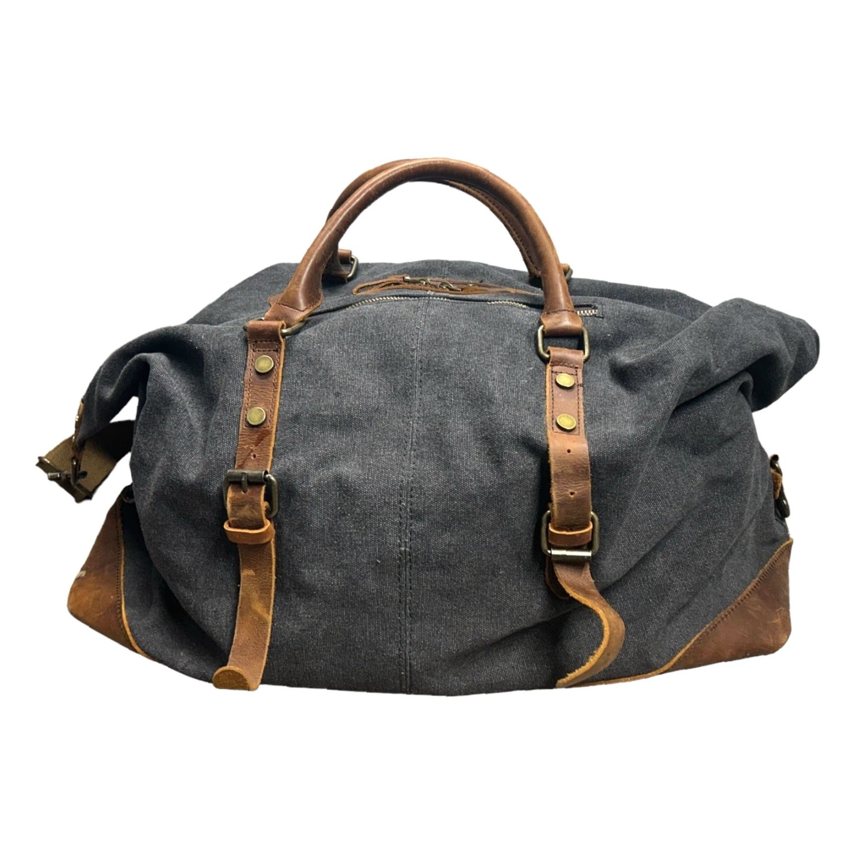 Vintage Case Duffle Bag Adult Large Gray/Brown Canvas Leather Trim Travel Suitcase Bag Pockets Zip-Around Lined Size ONE SIZE - 3 Thumbnail