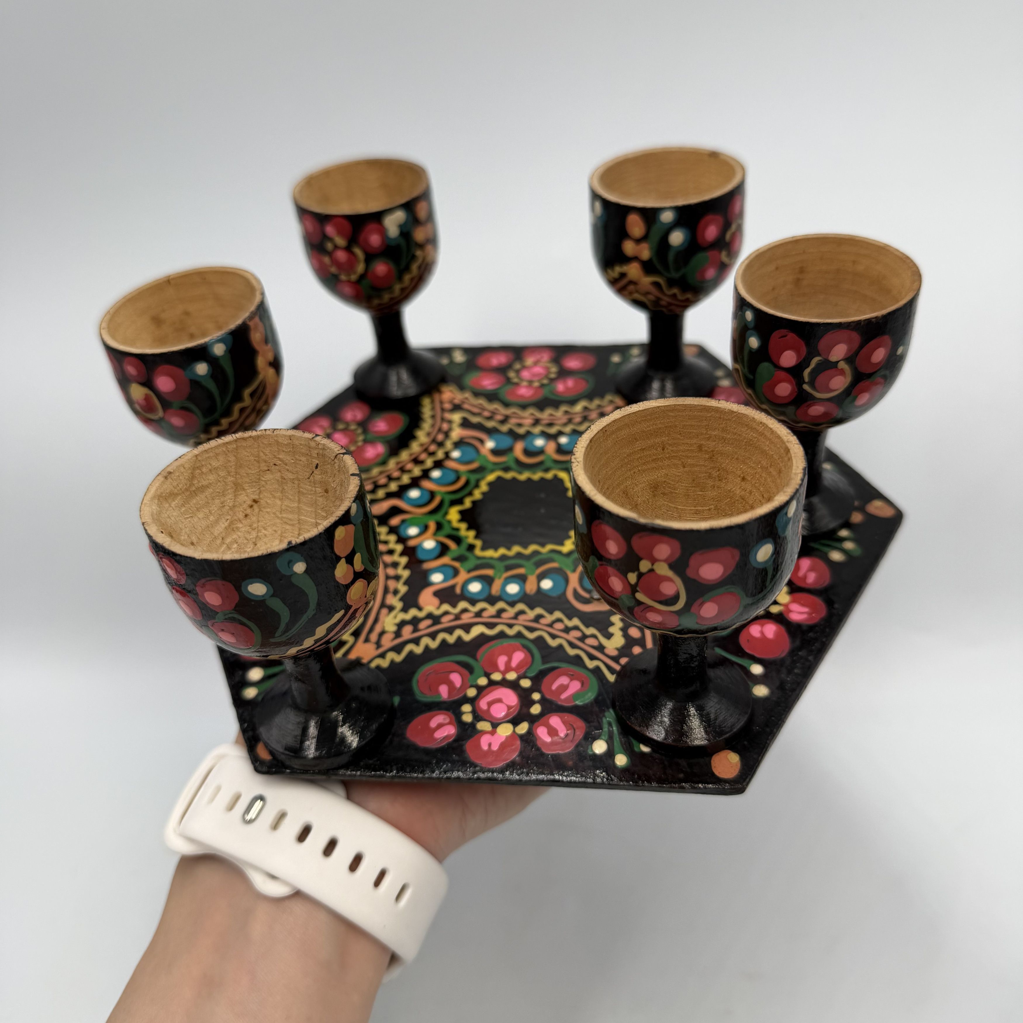 Vintage Vintage Hand Painted Wooden Decanter Set & 6 Goblets Tray Size ONE SIZE - 9 Thumbnail
